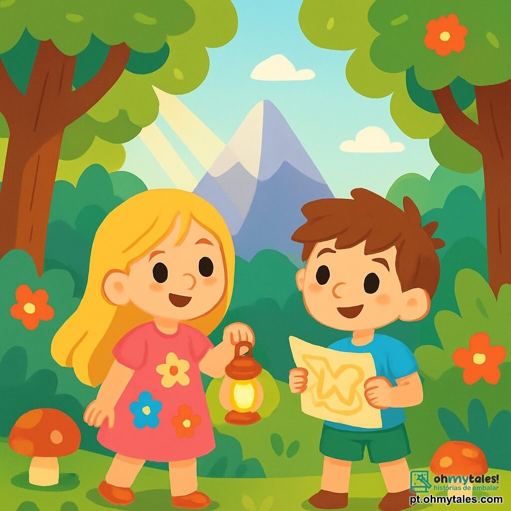 Há 2 personagens principais: - Lila: uma menina de 7 anos com longos cabelos dourados e olhos brilhantes. Ela usa um vestido rosa com flores coloridas e segura uma pequena lanterna brilhante. - Tom: um menino de 8 anos com cabelos castanhos bagunçados e olhos curiosos. Ele veste uma camiseta azul e um short verde, segurando um mapa do tesouro. Eles estão no centro da Floresta Brilhante, cercados por árvores majestosas com folhas verdes vibrantes e flores multicoloridas. Raios de sol passam pelas folhas, iluminando o solo coberto de musgo macio e cogumelos engraçados. A cena principal mostra Lila e Tom, determinados, olhando para uma grande montanha ao longe, onde se esconde o Dragão Sonolento. Eles estão prontos para a aventura de encontrar a Pedra do Brilho e trazer luz para a floresta.