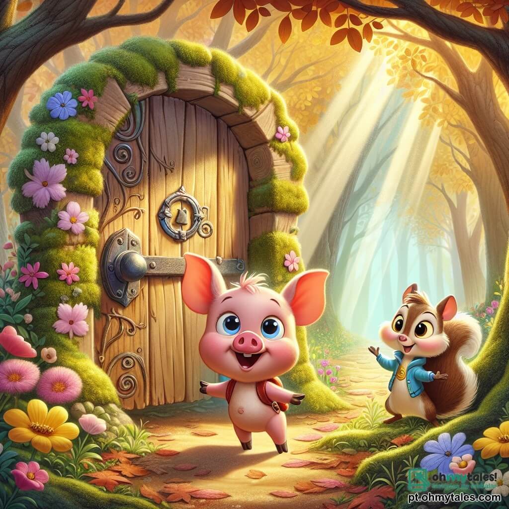 Um pequeno porquinho rosa, chamado Tobias, com grandes olhos curiosos e orelhas longas, está diante de uma porta de madeira antiga, coberta de musgo e flores coloridas. Ele expressa uma emoção de admiração, com a boca aberta em um sorriso alegre, pronto para explorar. Ao seu lado, um esquilo travesso chamado Filipe, com uma pequena jaqueta azul e um chapéu engraçado, sorri com entusiasmo, de braços cruzados, incentivando Tobias a entrar no mundo mágico. O cenário é uma floresta encantada, onde árvores de folhas douradas se erguem em direção ao céu, e flores cantam suavemente, criando uma atmosfera de conto de fadas. A luz do sol filtra através dos galhos, iluminando o caminho que leva à porta misteriosa. A cena principal mostra Tobias, o porquinho, hesitante mas determinado, pronto para empurrar a porta e descobrir as maravilhas que o aguardam do outro lado, enquanto Filipe o encoraja com um olhar cúmplice.
