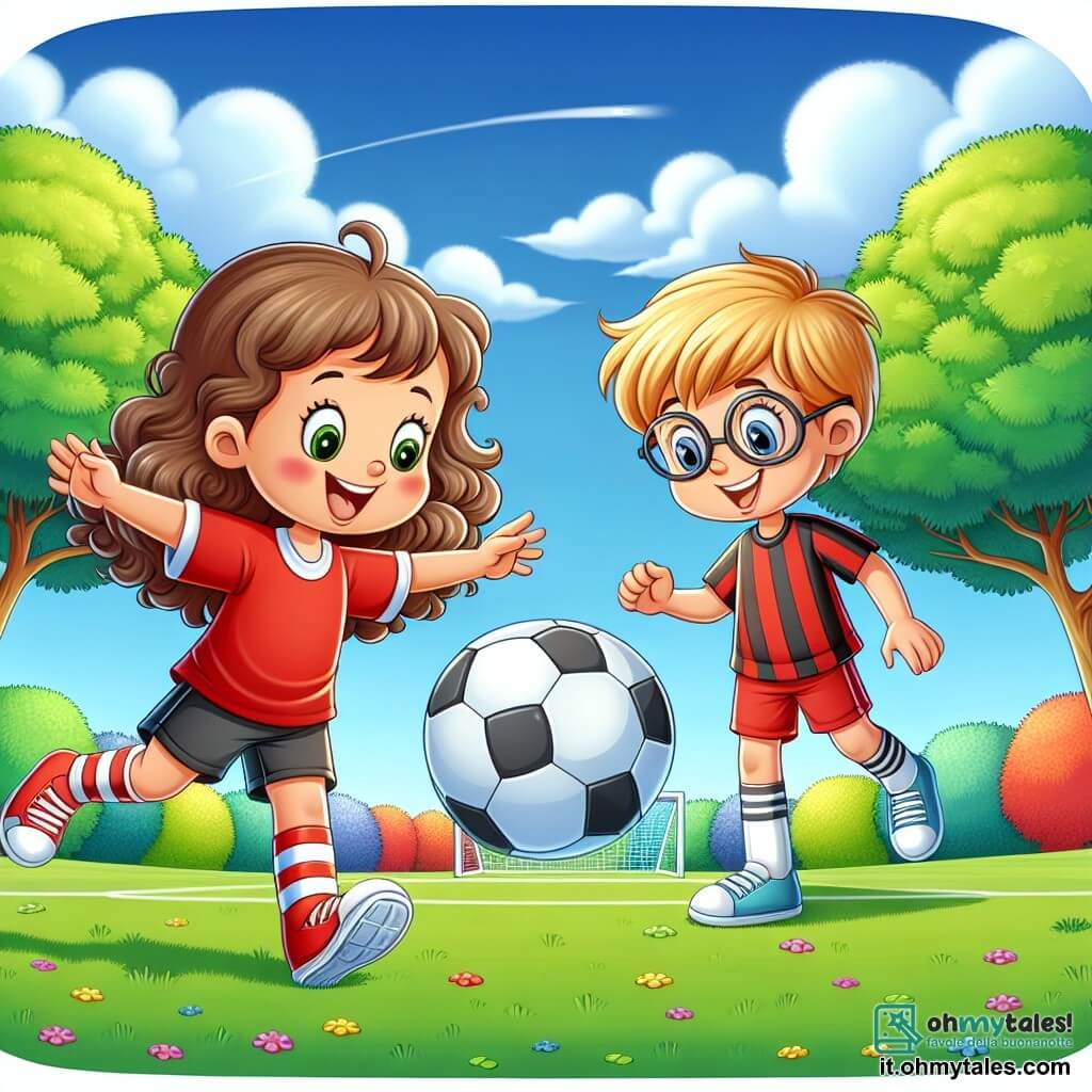 Sara, una ragazza con capelli castani e ricci, indossa una maglietta da calcio rossa e pantaloni corti neri. Ha un grande sorriso sul volto, esprimendo la sua gioia e passione per il gioco, mentre mostra a Luca come colpire bene il pallone. Luca, un ragazzo di 8 anni con capelli biondi e occhiali, è in piedi accanto a Sara, con gli occhi brillanti di eccitazione. Cerca di seguire i suoi consigli, concentrandosi sulla palla che rotola davanti a lui. La scena si svolge su un campo da calcio verde, circondato da alberi colorati e un cielo blu splendente. Il sole brilla, creando un'atmosfera gioiosa e dinamica. In questa situazione, Sara insegna a Luca come tirare in porta, mentre il pallone vola in aria, simboleggiando l'amicizia e la passione condivisa per il calcio.