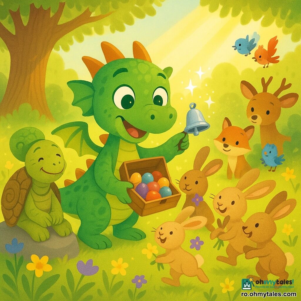 Un mic dragon jucăuș și voios pe nume Rafi, cu solzi verzi strălucitori și ochi mari curioși, ține o cutie deschisă cu ouă de ciocolată multicolore și agită o clopoțică de argint sclipitoare; lângă el, o țestoasă înțeleaptă, Tilda, cu carapace aspră, zâmbește de pe un bolovan, iar la dreapta mai mulți iepurași obraznici cu urechi lungi sar și iau câte un ou; în spate, un vulpoi, un cerb timid și păsări colorate îi privesc uimiți; scena e într-o poiană de primăvară însorită cu iarbă verde, flori galbene și violete, un stejar vechi și un pârâiaș în depărtare; momentul principal: împărțirea festivă a ouălor de Paște, clopoțica magică răspândind mici stele luminoase și fețe vesele, într-un stil simplu și blând potrivit pentru o carte pentru copii.