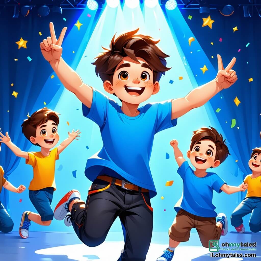 Un ragazzo di 8 anni, Marco, con capelli castani disordinati e un grande sorriso, è al centro dell'immagine. Indossa una maglietta blu brillante e pantaloni da danza neri, saltando gioiosamente sul palco, con le braccia alzate in segno di vittoria, esprimendo immensa gioia ed eccitazione. Accanto a lui, il suo migliore amico, Luca, anch'esso di 8 anni, ha capelli biondi e indossa un costume da danza scintillante. Danza con energia, un sorriso radioso sul volto, e sembra incoraggiare Marco, con le braccia aperte. La scena si svolge su un palco di competizione di danza, decorato con luci colorate e grandi tende rosse. Sullo sfondo, spettatori entusiasti applaudono, creando un'atmosfera festosa e gioiosa. La situazione principale mostra Marco e Luca in piena performance, danzando insieme con passione e vivacità, circondati da un'atmosfera vibrante e colorata, simboleggiando l'amicizia e il piacere di ballare.