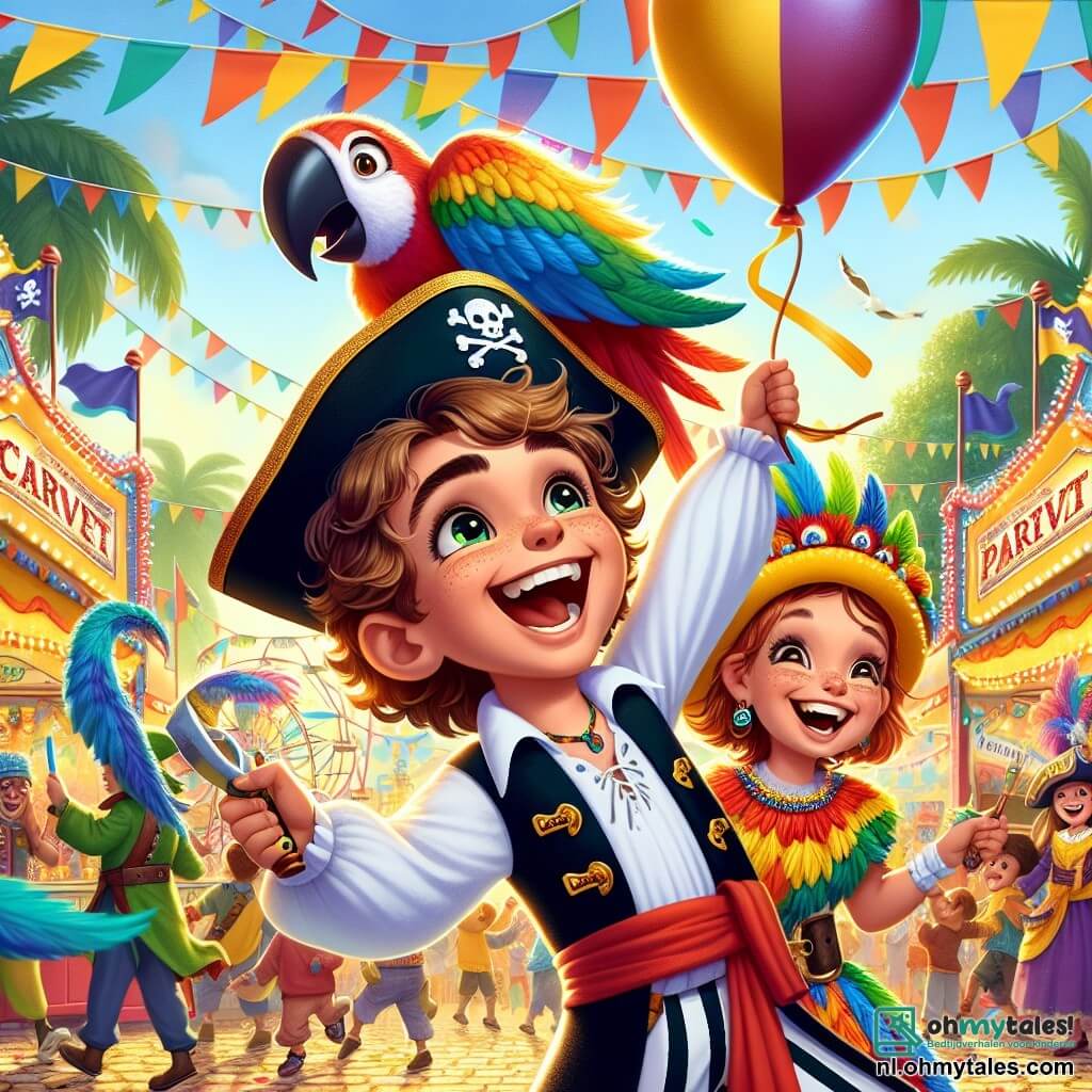 Een 9-jarig jongen, Max, staat in het midden van het podium, gekleed in een kleurrijk piratenkostuum met een groot wit shirt, een zwarte vest en een hoed met veren. Zijn gezicht straalt van een brede glimlach, zijn ogen glinsteren van opwinding terwijl hij een klein plastic zwaard in de ene hand en een grote carnavalsballon in de andere houdt. Naast hem staat zijn beste vriendin Nora, een 9-jarig meisje, verkleed als papegaai, met een levendig kostuum van kleurrijke veren en een masker in de vorm van een snavel. Ze danst vrolijk met haar armen omhoog naar de lucht, wat bijdraagt aan de feestelijke energie van het moment. De achtergrond is een levendig carnaval met kleurrijke spelstands, wapperende vlaggen en een grote fontein in het midden, omringd door het gelach van kinderen en opzwepende muziek. De scène toont Max en Nora, omringd door hun vrienden, die genieten van de grote carnavalsparade, waar versierde praalwagens voorbij komen, vol met confetti en glimlachen, wat een sfeer van vreugde en avontuur creëert.