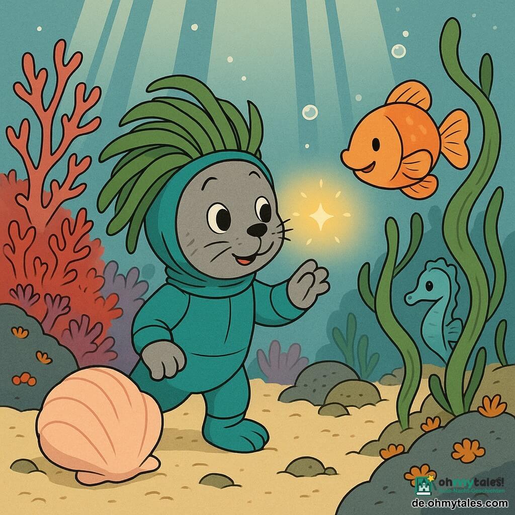 Die Hauptfigur ist ein kleiner Seehund-Wolf (anthropomorph) mit weichem grauem Fell, runden neugierigen Augen und mutig-wunderndem Ausdruck, er trägt einen grün-blauen Stofftauchanzug und einen Helm aus Posidonia-Blättern und streckt die Pfote zu einem schwebenden goldenen Licht; nahe seinen Pfoten liegt eine blassrosa Muschel, warm, leicht glänzend und sanft vibrierend, rechts kreist ein rundes orangefarbenes Fischchen mit durchsichtigen Flossen und fröhlichem Lächeln, hinter einer Alge schaut ein schüchternes blaues Seepferdchen erstaunt zu; der Meeresgrund ist bunt mit roten und violetten Korallen, tanzenden grünen Algen, cremefarbenem Sand, felsigen Anhäufungen mit kleinen Anemonen und goldenen Sonnenstrahlen, Blasen steigen auf, weiche Texturen und kräftige Farben schaffen eine magische, ruhige Stimmung.