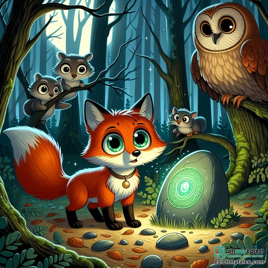 Ilustración que representa a un joven zorro con un pelaje rojizo brillante y ojos curiosos, que se encuentra en el centro de un claro misterioso, mostrando asombro y ligera aprensión. A su lado, un sabio búho de plumas marrones y grandes ojos redondos observa atentamente, con una expresión seria que refleja preocupación ante lo desconocido. Más lejos, una pequeña ardilla de pelaje gris y cola tupida mira a su alrededor, con ojos desorbitados de miedo, mientras se esconde detrás de un árbol. El lugar es un claro oscuro en el corazón de un denso bosque, donde la luz de la luna filtra a través de las ramas, creando sombras danzantes sobre el suelo cubierto de hojas. Piedras antiguas cubiertas de musgo están dispuestas en círculo, añadiendo una atmósfera mística y inquietante. La situación principal muestra al joven zorro descubriendo un amuleto misterioso que brilla con una luz verde, mientras sombras parecen cobrar vida a su alrededor, como si el claro estuviera habitado por espíritus invisibles. Otros elementos gráficos incluyen árboles torcidos con ramas esqueléticas, ojos brillantes de animales ocultos en la oscuridad y una ligera neblina que envuelve el suelo, acentuando el misterio y la angustia de la escena.