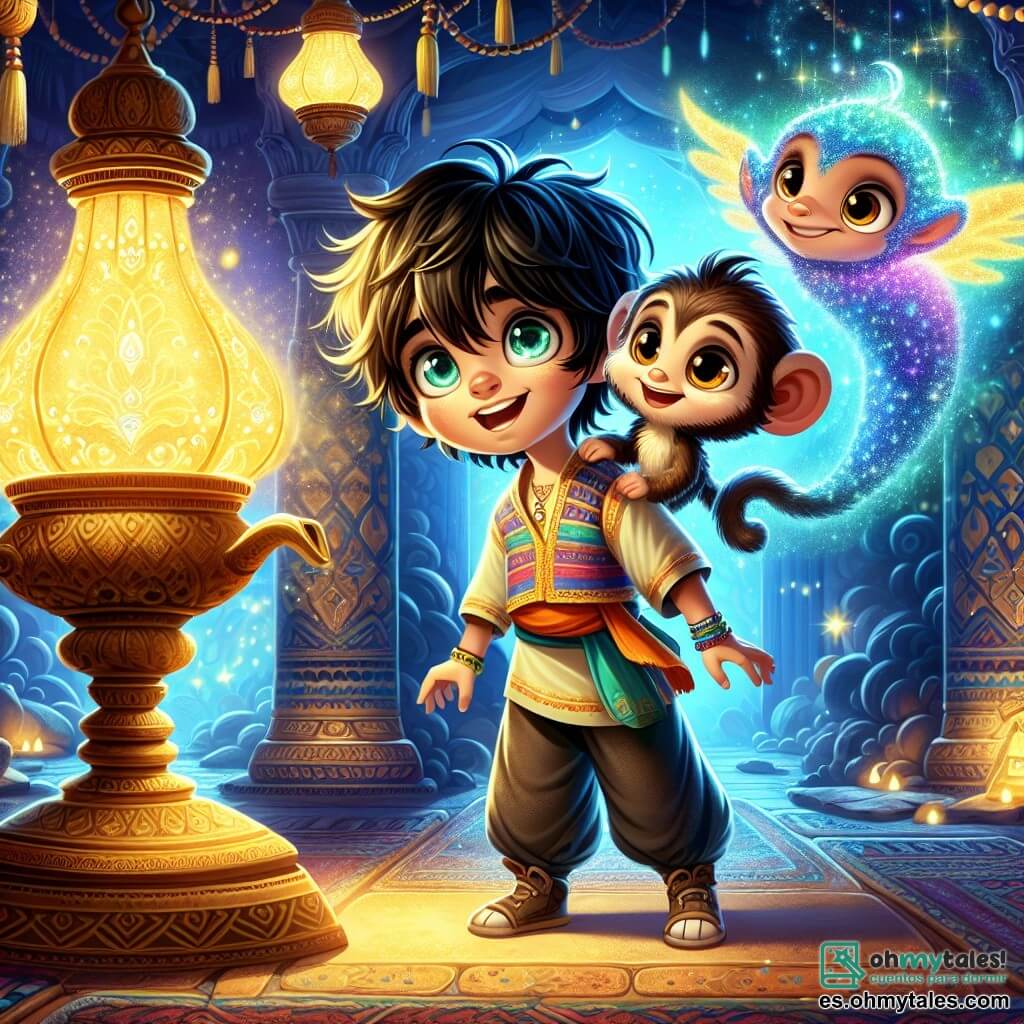 Aladino, un joven con cabello negro y despeinado, y ojos brillantes de curiosidad, se encuentra frente a una lámpara antigua, su rostro iluminado por un resplandor dorado. Lleva pantalones anchos y una túnica colorida, y su expresión es de asombro y emoción. A su lado, Abu, un pequeño mono travieso de pelaje marrón, trepa por su hombro, con ojos brillantes de entusiasmo. Al fondo, el Genio, una criatura majestuosa hecha de humo azul brillante, flota en el aire, con una sonrisa cálida y brazos abiertos, listo para conceder deseos. La escena tiene lugar en la Caverna de las Maravillas, un lugar mágico lleno de tesoros brillantes, piedras preciosas y paredes adornadas con motivos dorados. La luz suave y misteriosa de la caverna crea una atmósfera encantadora, mientras sombras bailan alrededor de los tesoros. Aladino, maravillado, frota la lámpara, y una magia deslumbrante escapa, iluminando la caverna con colores vivos y brillantes, simbolizando el comienzo de una aventura extraordinaria.