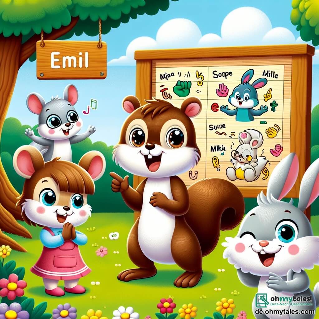 Emil, ein kleiner, brauner Eichhörnchen mit neugierigen Augen, steht stolz in der Mitte der Szene und zeigt mit Gesten in der Gebärdensprache. Seine kleinen Pfoten sind erhoben, und sein Gesichtsausdruck ist fröhlich und voller Vertrauen. Links von ihm bewundert Mia, eine kleine graue Maus mit großen Ohren und einem rosa Kleid, Emil mit funkelnden Augen und applaudiert begeistert mit ihren kleinen Pfoten. Rechts springt Hoppel, ein junger weißer Hase mit großen Ohren, vor Freude und hält ein buntes Schild mit der Aufschrift "Inklusion", während er breit lächelt und Emil unterstützt. Die Szene spielt in einer Freiluftschule, umgeben von großen, grünen Bäumen und bunten Blumen. Ein Holzbrett im Hintergrund ist mit Tierzeichnungen und Wörtern in Gebärdensprache dekoriert, was eine fröhliche und einladende Atmosphäre schafft. Emil präsentiert mit seinen Freunden eine Aufführung über Inklusion, die zeigt, wie jeder auf seine Weise strahlen kann, während die anderen Tiere ihn mit Gesten und Lächeln ermutigen und Vielfalt sowie Freundschaft feiern.