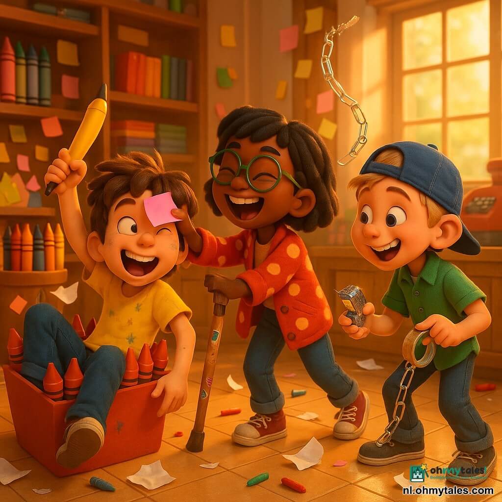 Drie kinderen in een warme, kleurrijke papeterie: Sem (ongeveer 9) met warrig bruin haar, geel inktvlekken-T-shirt, blauwe broek, een grote gele "bananenpen" in zijn rechterhand en met de hand in een doos met rode en oranje kleurpotloden links; Noor (ongeveer 10) met kort zwart haar, ronde groene bril, rood jasje met witte stippen, een houten kruk met stickers naast zich, lachend terwijl ze een grote roze post‑it op Sems voorhoofd plakt in het midden; Boris (ongeveer 9) met blond haar onder een omgekeerde pet, groene net gestreken blouse, rechts, met een kleine glinsterende nietmachine en een rol glitterscotch. Ze spelen en lachen temidden van vrolijke chaos: wiebelende pennenstapels, glanzende paperclipkettingen, overal post‑its en een slinger van nietmachines als trofee, bewegende papieren en dynamische gebaren in zachte gouden lichtval en verzadigde kleuren.