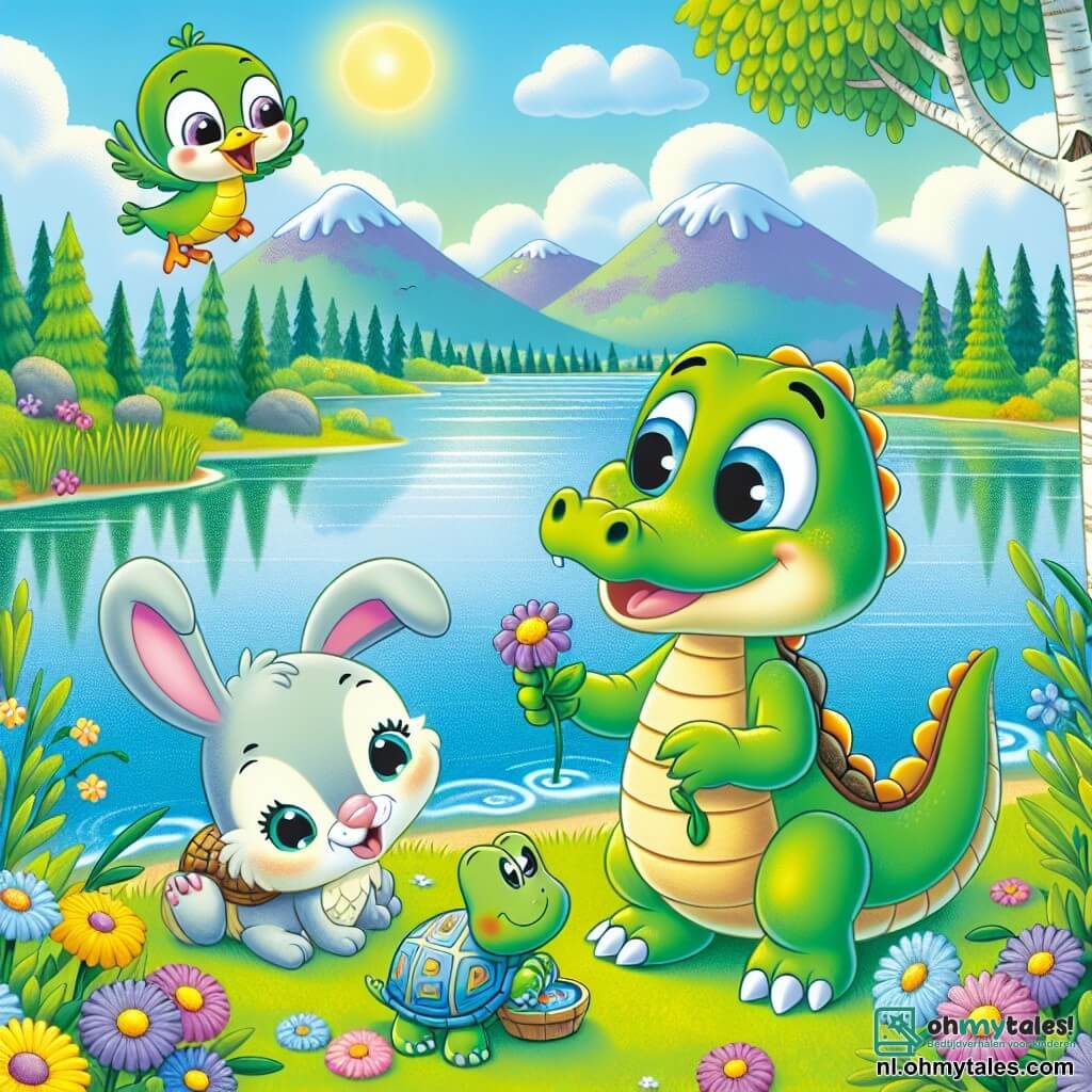 Kiki, de krokodil, is een vrolijk wezen met een stralende groene huid en nieuwsgierige ogen. Ze staat aan de rand van een prachtig meer, met een glimlach op haar gezicht en een kleine kleurrijke bloem in haar pootjes. Naast haar vliegt Pipo, de kleine vogel met gele en blauwe veren, vrolijk om haar heen en zingt enthousiast. Lila, het konijn met grote witte oren, zit op het gras met stralende ogen van opwinding, terwijl Timmy, de wijze schildpad, water aan het verzamelen is met zijn kleine pootjes, geconcentreerd op zijn gezicht. De omgeving is betoverend: het meer glinstert in de zon, omringd door grote bomen met groene bladeren en kleurrijke bloemen die in de bries dansen. Op de achtergrond tekenen zich zachte bergen af onder een heldere blauwe lucht, bezaaid met wollige wolken. De belangrijkste situatie toont Kiki en haar vrienden die water brengen naar de treurige bloemen aan de rand van het meer, klaar om hen te helpen hun glans en geluk terug te vinden.