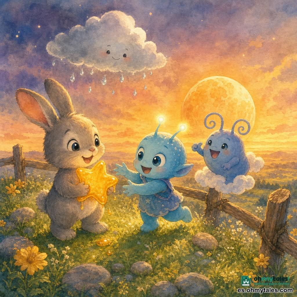 Luno, un conejito gris de pelaje suave y ojos brillantes sostiene contra el pecho una estrella pegajosa que brilla como miel; Tiki, un extraterrestre infantil de piel azul clara y antenas luminosas, ríe y extiende la mano; Pumo, otro Ziri de cuerpo redondo y antenas en espiral, salta flotando para atraparla; una pequeña nube gris con gotas plateadas sonríe en el fondo sobre el mirador: una colina herbosa con piedras lisas, flores amarillas que huelen a miel, una barandilla de madera y la luna naranja en el horizonte; ambiente de atardecer dorado, juego de atrapar la estrella entre flores y piedras, luz cálida, risas y atmósfera mágica y tierna.
