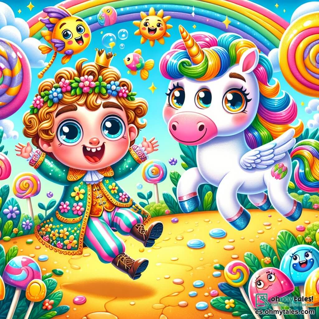 Un príncipe llamado Pipo, de unos 8 años, con cabello rizado y dorado, lleva una túnica colorida adornada con motivos de flores. Tiene una gran sonrisa alegre y ojos brillantes de emoción, saltando de alegría en un camino soleado. Junto a él está Lila, una hermosa unicornio con crines de arcoíris y un cuerno brillante, con una expresión traviesa, lista para jugar. Su amigo, un pez que habla con escamas brillantes y ojos redondos, flota en una burbuja de agua, riendo e invitándolos a jugar. Están en una isla tropical encantada, rodeados de árboles de caramelos de colores vivos y flores con pétalos brillantes que bailan al ritmo del viento. La escena principal muestra a Pipo y Lila jugando al escondite, con Pipo buscando a Lila detrás de un árbol de caramelos, mientras el pez los observa con diversión, listo para ayudarles a encontrar escondites.