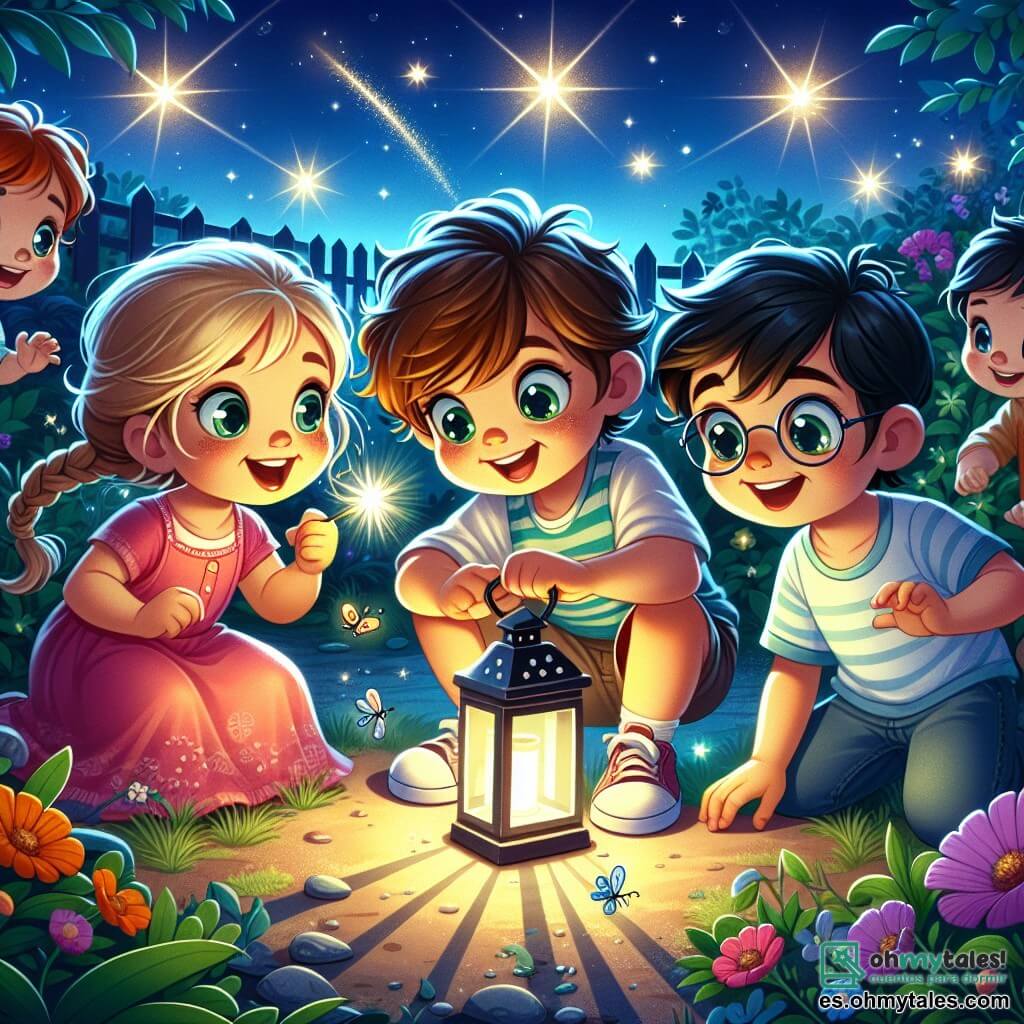 En un jardín nocturno, cuatro niños están reunidos bajo un cielo estrellado. Lucas, un niño de cinco años con cabello castaño desordenado y ojos brillantes, sostiene una pequeña linterna que ilumina su rostro curioso. Al lado de él, Marta, una niña de cinco años con trenzas rubias y un vestido rosa, sonríe mientras señala las estrellas. Sofía, otra niña de cinco años con cabello castaño rizado y una camiseta azul, observa una luciérnaga que vuela cerca de ella, fascinada. Finalmente, Diego, un niño de cinco años con gafas y cabello negro, se ríe mientras intenta atrapar una luciérnaga que se escapa. El jardín está lleno de flores coloridas que se dibujan bajo la luz de la linterna, y las sombras bailan a su alrededor, creando una atmósfera mágica. Los niños, en un ambiente alegre, superan su miedo a la oscuridad jugando juntos y descubriendo la belleza de la noche, transformando su aprensión en una aventura luminosa y amistosa.