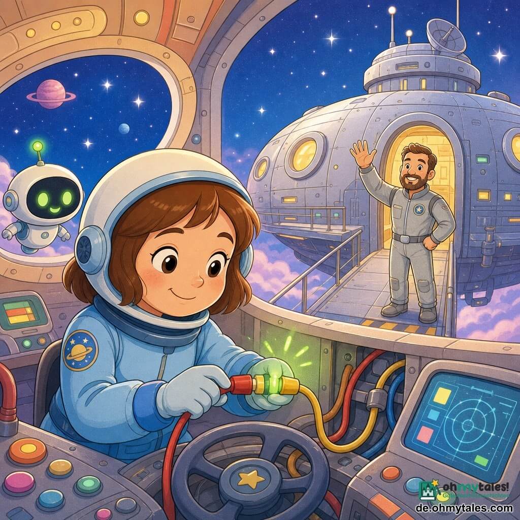 Eine Pilotin namens Lisa, lächelnd und gelassen, mit kurzem braunem Haar unter leichtem Helm, in einem hellblauen Raumanzug, verbindet im warmen, runden Cockpit sorgfältig ein rotes mit einem gelben Kabel und blickt auf einen kleinen Bildschirm; ein Mann (ca. 35) mit kurzem Bart in silberner Kleidung winkt lächelnd von außen durch ein ovales Fenster der großen silbernen Raumstation, ein kleiner runder weißer Roboter mit grünen Lichtern schwebt am Armaturenbrett; die Station hat runde Bullaugen mit gelbem Licht, Knöpfe und saubere Bildschirme, das Signal wird grün und ein leises Piep bestätigt den Erfolg, die Stimmung ist sanft, hell und pastellfarben.