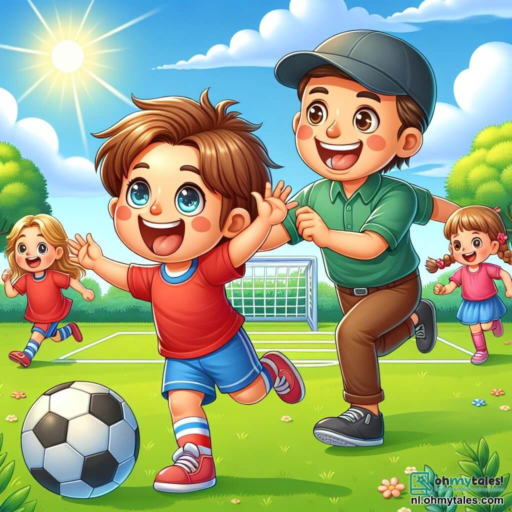 Een jongetje van 2 jaar, genaamd Luca, staat in het midden van de afbeelding. Hij heeft grote, glanzende ogen en een stralende glimlach, met rommelig bruin haar. Hij draagt een rood t-shirt en een blauwe short, en hij slaat enthousiast een voetbal, met zijn armen omhoog van blijdschap. Naast hem is Emma, een 5-jarig meisje met lange, vlechtige blonde haren en een roze jurk. Ze rent snel naar de bal, klaar om te scoren, met een gezicht vol vastberadenheid. Iets verderop moedigt coach Jan, een man van in de dertig met kort haar en een pet, hen aan met een grote glimlach en open armen. De scène speelt zich af op een groen voetbalveld, omringd door bomen met stralende bladeren in de zon. De lucht is blauw met enkele witte wolken, en kinderen spelen vrolijk op de achtergrond. Luca en Emma zijn in volle actie, Luca slaat enthousiast de bal terwijl Emma rent om te scoren, wat een sfeer van kameraadschap en vreugde creëert.