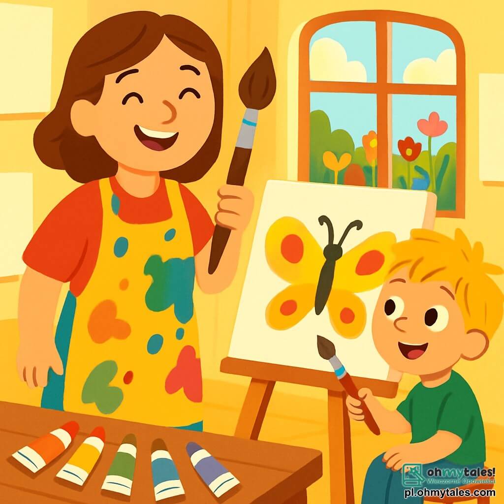 Artystka Pani Ola stoi w swoim uroczym atelier z wielkim uśmiechem na twarzy. Ma na sobie kolorowy fartuch w plamy farby i trzyma duży pędzel w ręce. Obok niej siedzi mały chłopiec Jaś, około 6-letni, z potarganymi blond włosami i iskrzącymi się oczami, trzymający mały pędzel, gotowy do malowania. Atelier jest wypełnione światłem, z oknami wpuszczającymi złote promienie. Na drewnianym stole leżą tubki farby w różnych kolorach, a białe płótna wiszą na ścianach. W tle przez okno widać kwitnący ogród z kolorowymi kwiatami tańczącymi na wietrze. W tej scenie Pani Ola i Jaś malują razem pięknego motyla o żółtych i czerwonych skrzydłach na płótnie, śmiejąc się i ciesząc wspólną pasją do sztuki w ciepłej, twórczej atmosferze.