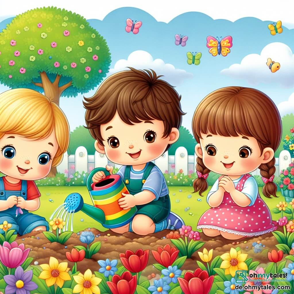 In einem blühenden Garten sind drei Kinder versammelt. Max, ein vierjähriger Junge mit braunen Haaren und funkelnden Augen, steht in der Mitte, lächelt und hält ein buntes Gießkanne. Rechts von ihm schaut Mia, ein vierjähriges Mädchen mit geflochtenen blonden Haaren und einem rosa Kleid, staunend auf die Samen in ihren Händen. Links ist Lila, ein weiteres vierjähriges Mädchen mit kastanienbraunen Haaren und einem blauen T-Shirt, die hockt und mit einer kleinen Schaufel in der Erde buddelt. Der Garten ist voller bunter Blumen: rote Tulpen, gelbe Narzissen und weiße Margeriten, unter einem hellblauen Himmel mit ein paar flauschigen weißen Wolken. Im Hintergrund spendet ein großer grüner Baum Schatten, und Schmetterlinge fliegen fröhlich um die Kinder. Die Kinder pflanzen Samen im Garten, lachen und bespritzen sich gegenseitig mit Wasser, während sie ungeduldig darauf warten, dass ihre Blumen wachsen.