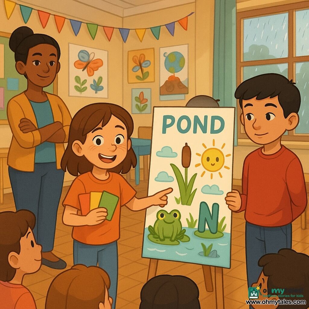 A 10-year-old girl with mid-length brown hair and light freckles, bright eyes, nervously proud, holds colorful flashcards and points to a large poster on the wall; a calm, focused 10-year-old boy (Leo) with short black hair stands to her right with hands behind his back, slightly protecting the poster’s edge; an adult teacher (Ms. Patel), brown-skinned woman in her 30s–40s with hair in a bun, watches from the background with a kind smile and crossed arms; the classroom is arranged like a mini-museum with tables pushed aside, colorful posters and paper garlands on the walls, a shiny wooden floor, and soft light through a rainy window; the girl is presenting a large poster about a pond ecosystem with keyword illustrations as little characters (letters dressed as frog, reed, sun), bright colors, clear outlines and white space for readability, while a small group of children and parents admire the presentation in the foreground.
