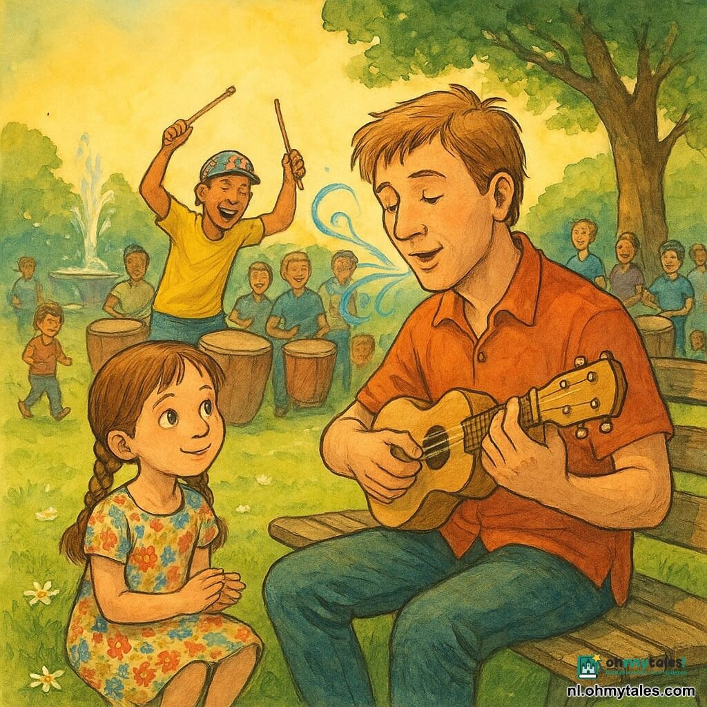 Volwassene Milo, zacht geconcentreerd gezicht, lichtbruin warrig haar, houdt een lichte houten ukulele tegen zijn borst en zingt zacht; meisje Lila, circa 8 jaar, twee vlechten, kleurrijke bloemenjurk, zit links op het gras en tikt met haar knieën; Rafa, leider van de batucada, gebruind, grappige pet met stickers, armen omhoog met twee stokjes, staat iets achteraan en dirigeert; meerdere percussionisten vormen een cirkel met ronde trommels en levendige bewegingen, enkele kinderen aan de rand; locatie: zonnig stadspark met groene weide en madeliefjes, grote eik rechts, fontein links, versleten houten bankjes en lichte grindpaden; scène: Milo zingt in een kleine batucada-parade — visueel contrast tussen zijn zang weergegeven als pastelkleurige inktwolken en de ritmische donkere inktstreken van de trommels, warme zonnetinten en koel blauwgroene schaduwtonen, zichtbare inktlijnen en licht korrelige papiertextuur.