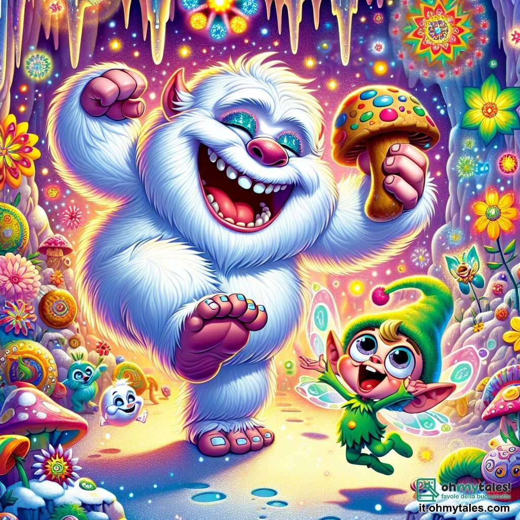 Un Yeti felice e peloso, con un pelo bianco e occhi scintillanti di malizia, danza su un tappeto di fiori multicolori, ridendo a crepapelle. I suoi grandi piedi lasciano impronte nella neve scintillante, mentre tiene un biscotto gigante in una mano. Accanto a lui, un piccolo folletto di nome Titti, con una pelle verde brillante e un cappello a punta, salta di gioia, i suoi occhi rotondi pieni di eccitazione. Titti brandisce un microfono a forma di fungo luminoso, pronto a far ridere tutti. La scena si svolge nella Grotta Sgambettina, un luogo magico con pareti ornate di stalattiti colorate e fiori danzanti, illuminate da luci scintillanti. Le risate risuonano nell'aria e bolle colorate fluttuano attorno a loro. Lo Yeti e Titti stanno preparando uno spettacolo esilarante per il Grande Concorso di Barzellette, circondati da risate e magia, mentre la grotta si trasforma in un luogo di festa splendente.