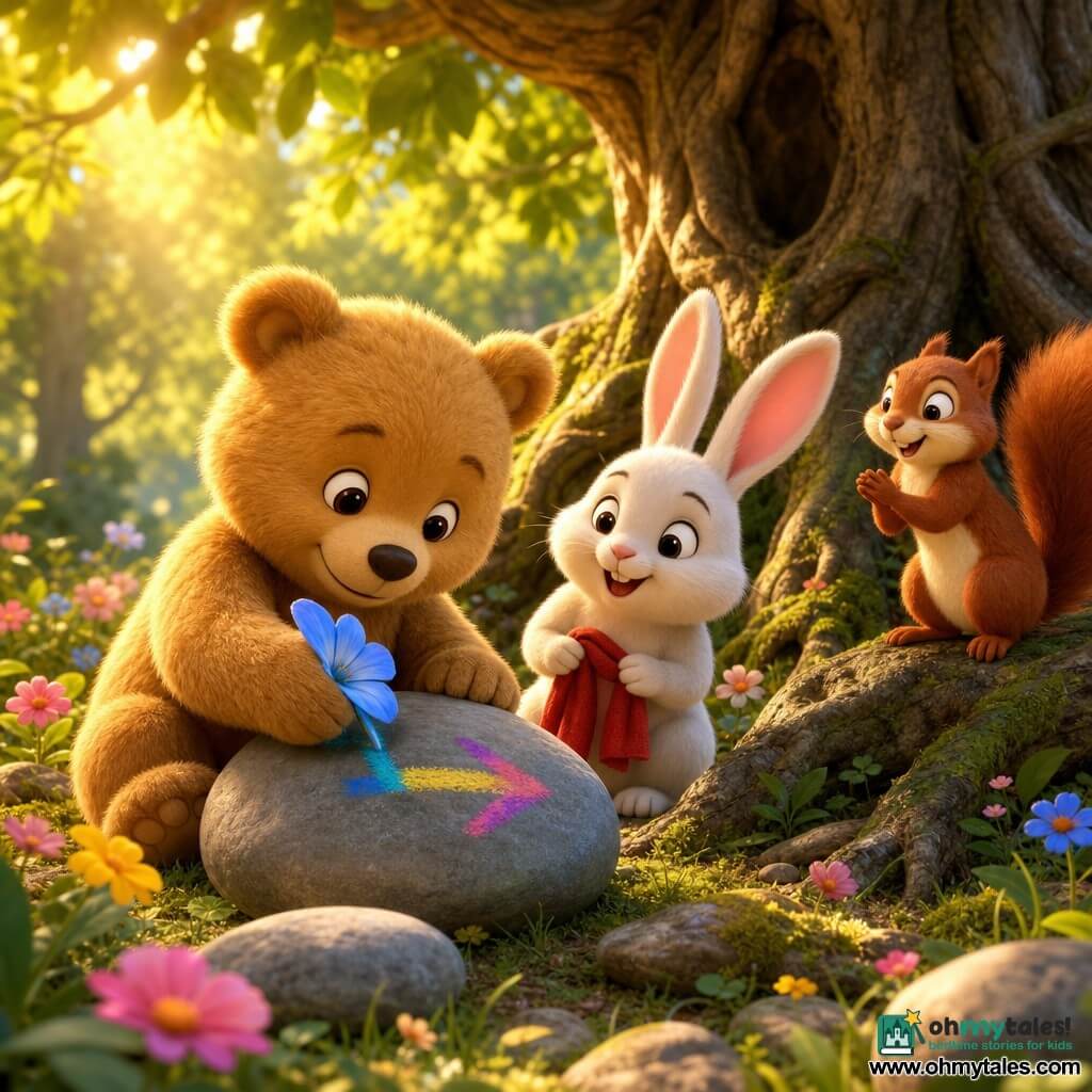 Little Bear, a small realistic teddy with soft caramel fur, shiny round eyes and a shy smile, concentrates happily as he rubs a smooth stone with a blue flower to draw an arrow; Rabbit, a fluffy white bunny with big pink ears, stands to his left smiling and holding a small red scarf, while Squirrel, a red squirrel with a cream belly and bushy tail, perches on a nearby root, excitedly clapping; beneath an ancient tree with gnarled roots, green grass dotted with pink, yellow and blue flowers and golden sunbeams filtering through leaves, the friends collaborate in a warm, cozy moment to paint a colorful arrow on a stone.