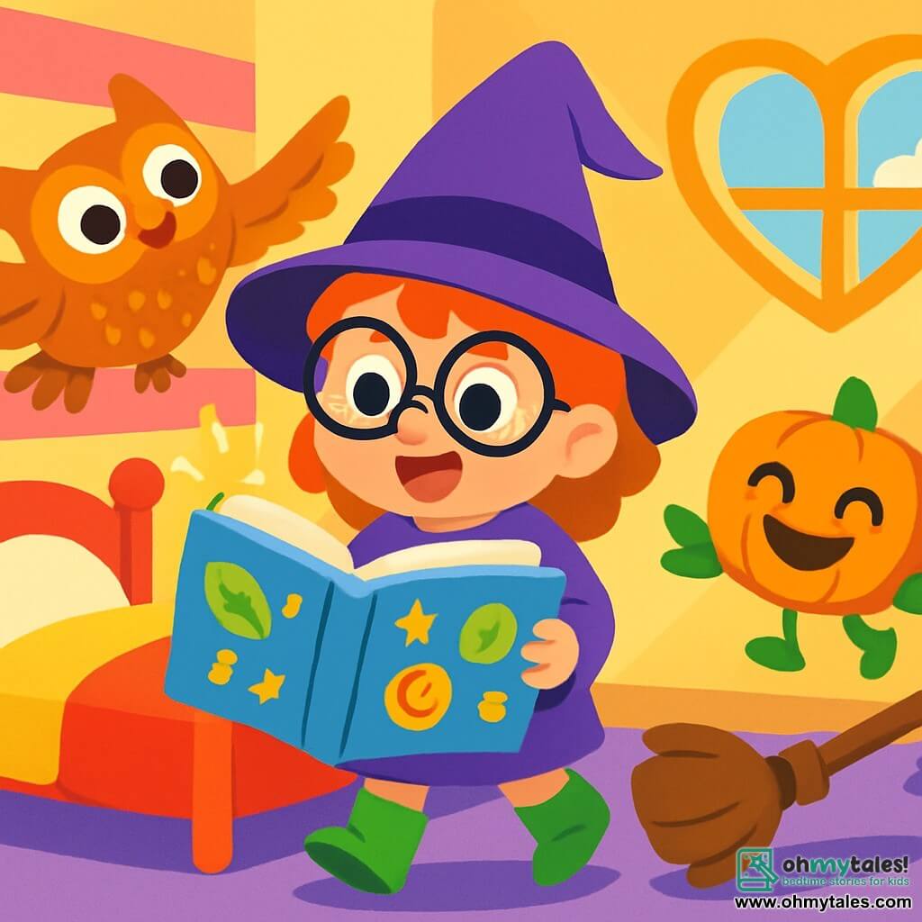 A little apprentice witch, Mimi, with large round glasses and a pointed purple hat, smiles with sparkling eyes of joy. She wears shiny green boots and holds a giant spell book, open in front of her, with sticky pages and funny illustrations. Next to her, Oliver, a funny owl with golden feathers, flies in circles, his round mischievous eyes shining with excitement. In a corner, a singing little pumpkin, with a big smile and leaf-shaped arms, dances joyfully on the bed. 

The scene takes place in a colorful room filled with candy walls and jelly furniture, with sunlight filtering through a heart-shaped window. In the center of the room, Mimi and her friends have fun trying out silly spells, while the spell book emits magical sparks. The atmosphere is joyful and playful, full of laughter and magic, as Mimi bounces her broom around her.