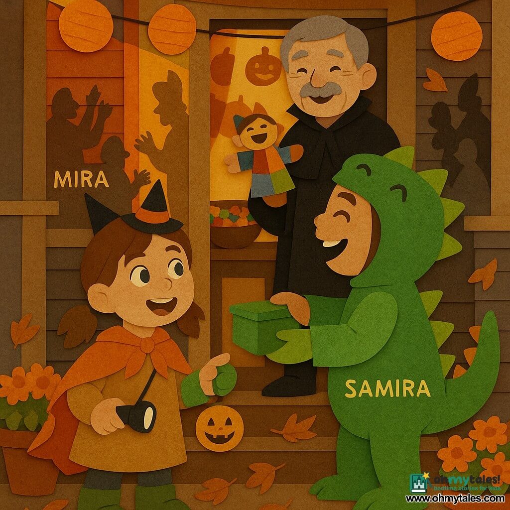 A smiling, wide-eyed 10-year-old girl, Mira, with brown pigtails wearing a small orange cape, a tiny witch hat and holding a flashlight and a pumpkin pendant; to her right, 10-year-old Samira in a bright green dinosaur costume with a fabric tail and bells laughs and offers a lime-green tin box; Mr. Chen, about 60, in a loose black vampire costume with a gray mustache, stands on the porch step holding a fabric puppet and smiling warmly at the children; the house porch is decorated with hanging orange paper lanterns, pumpkin-patterned curtains, pots of orange chrysanthemums and russet autumn leaves swirling on the wooden steps; a small puppet show is taking place on the porch with colorful puppets acting out kindness, costumed neighbors applaud in shadow, bowls of treats on a rustic table by the door, warm festive atmosphere with paper-cut contrasts, layered paper textures and soft shadows.