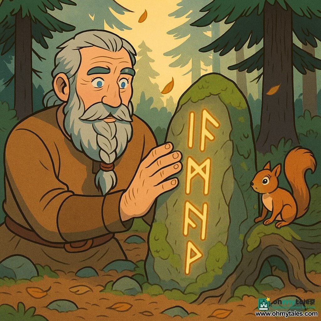 Adult man Eirik, weathered face and long braided gray beard, piercing blue eyes, serene and awed, rests his left hand on a moss-covered rune stone; a small mischievous red squirrel perches on a root to his right, tail bushy, watching curiously; a Nordic clearing carpeted with brown leaves and green lichen, surrounded by dark firs with golden sunlight filtering through and scattered ancient stones; Eirik gently awakens the imposing 1.5 m rune stone, its deep carvings glowing a warm amber, creating a peaceful, magical scene with leaves drifting in a light breeze.