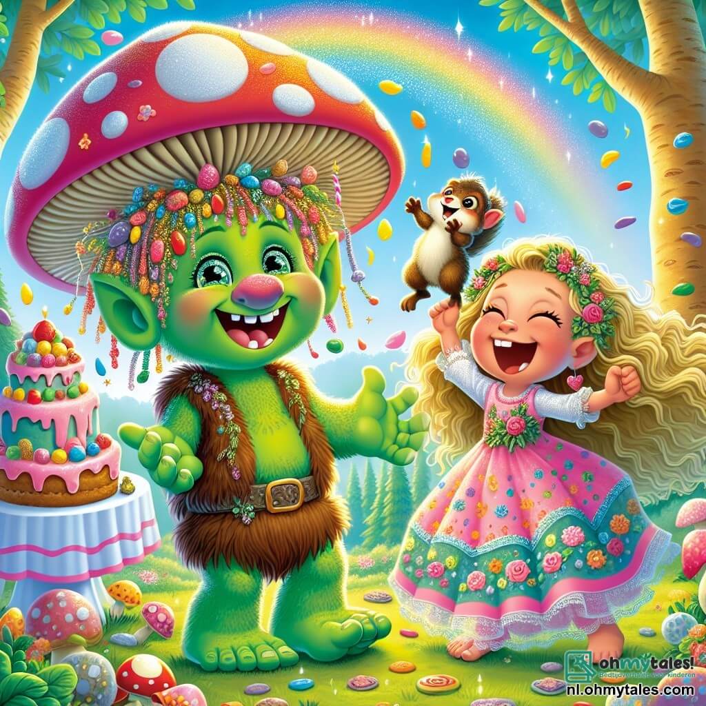 Een blije troll genaamd Timo, met stralend groene huid en grote sprankelende ogen, danst onder een grote en kleurrijke regen van bloemen. Hij draagt een paddenstoelvormige hoed en een brede glimlach die zijn vreugde toont. Naast hem staat een meisje van ongeveer 8 jaar met krullend, goudkleurig haar, die lacht terwijl ze een grote taart versierd met snoepjes vasthoudt. Ze draagt een roze jurk met bloemenpatronen. Een klein bruin eekhoorntje, Sammy, zit op haar schouder met een klein nootje in zijn pootjes en kijkt Timo bewonderend aan. De scène speelt zich af in een betoverende open plek, omringd door bomen met kleurrijke stammen en zingende bloemen, onder een stralende blauwe lucht met een grote regenboog die boven hen schittert. Timo organiseert een groot feest, omringd door zijn nieuwe vrienden, in een vrolijke feeststemming, met gelach en muziek die door de lucht zweven.