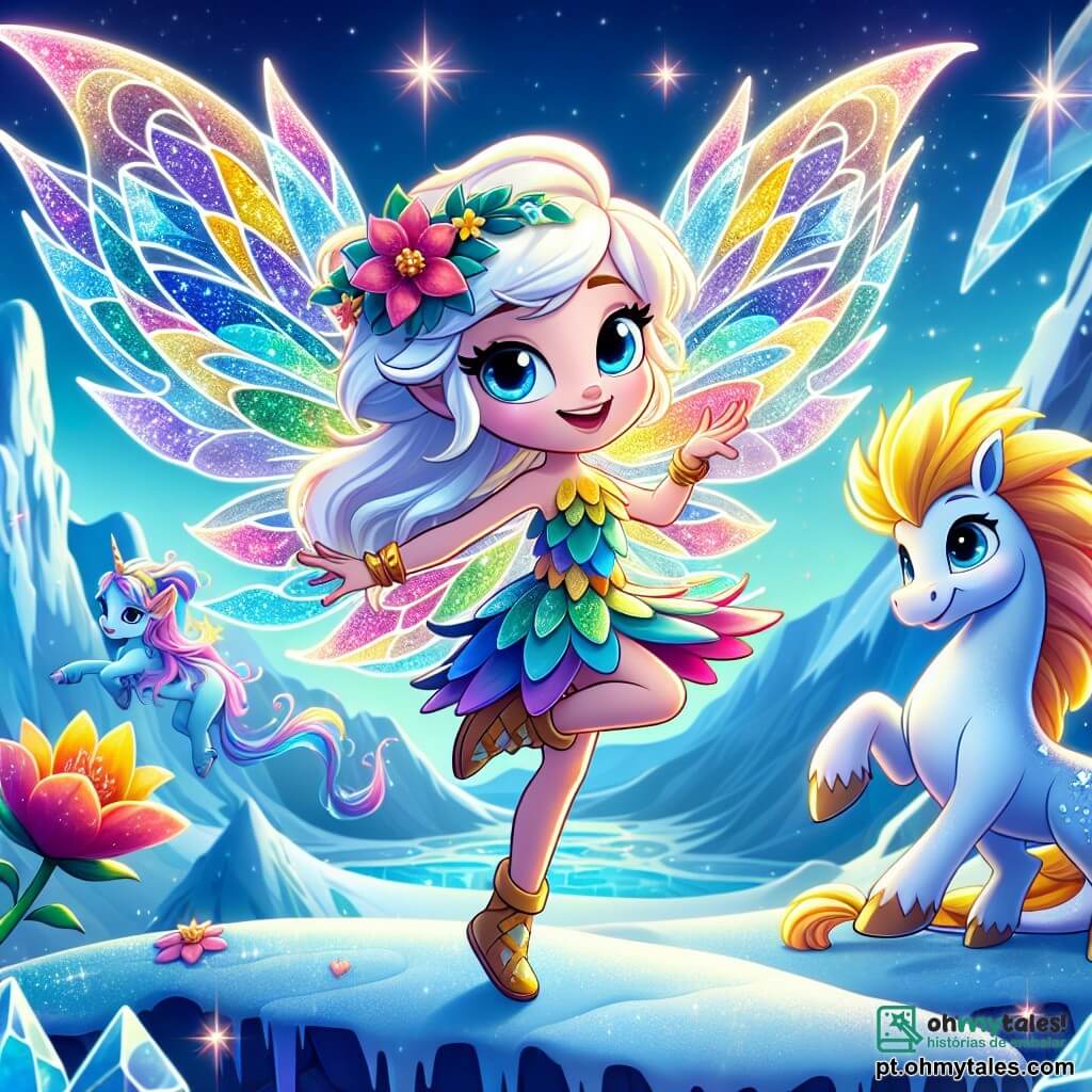 No topo de uma montanha gelada, uma pequena fada chamada Lumi, com asas cintilantes como cristais, dança alegremente ao redor de uma flor colorida que acaba de florescer. Ela tem um rosto sorridente, cabelos dourados flutuando ao vento e um vestido feito de pétalas multicoloridas. Ao seu lado, um dragão azul chamado Drago, com escamas brilhantes e olhos cheios de malícia, a observa com admiração, suas grandes asas abertas atrás dele. Um pouco mais longe, um majestoso unicórnio com crina dourada, chamado Unicorne, se destaca orgulhosamente, seu olhar suave e benevolente fixo em Lumi, pronto para incentivá-la. O cenário é encantador: a montanha está coberta de neve cintilante, e o céu é de um azul profundo, salpicado de nuvens leves. Cristais de gelo brilham ao sol, criando uma atmosfera mágica. A cena principal mostra Lumi celebrando a floração da flor mágica, cercada por seus amigos fantásticos, ilustrando a alegria e a magia da amizade e da bondade.