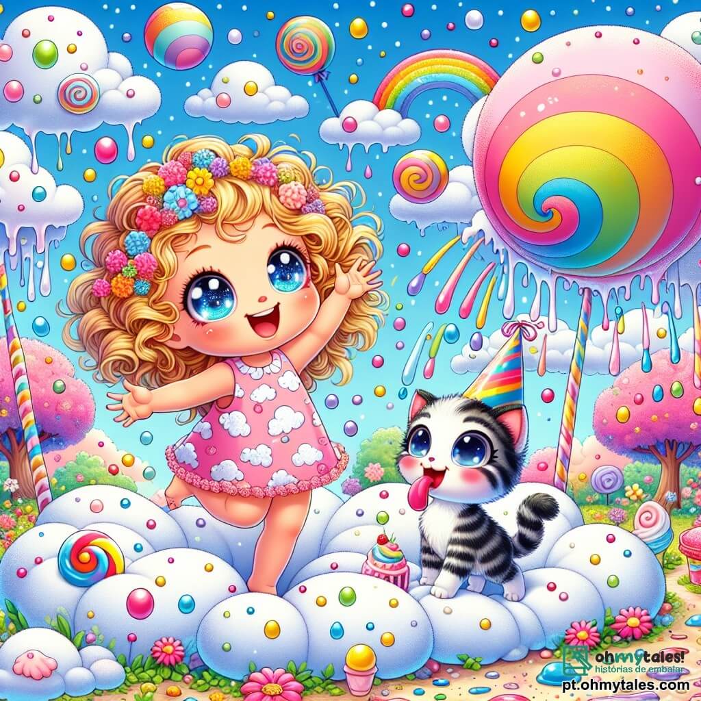 Uma menina de 2 anos, com grandes olhos brilhantes e cabelos cacheados dourados, salta de alegria em uma cama feita de nuvens fofas, espalhando gotas de chuva coloridas ao seu redor. Ela usa um vestido rosa com estampas de pequenas nuvens e um grande sorriso no rosto, expressando seu encantamento. Ao seu lado, um gato chamado Gato Miau, de aproximadamente 3 anos, com pelagem listrada preta e branca e um chapéu engraçado em forma de cone, está em pé em uma das nuvens, parecendo divertido, enquanto lambe um pedaço de bolo que flutua no ar. O cenário é um jardim encantado, repleto de flores multicoloridas e árvores com troncos em espiral, sob um céu azul salpicado de nuvens em forma de doces. Balões coloridos flutuam ao redor, adicionando um toque de magia à atmosfera. A cena principal mostra Ana, a menina, pedindo às nuvens que se transformem em árvores de sorvete, enquanto bolos e balões caem ao redor, criando uma atmosfera alegre e lúdica no Reino das Risadas.