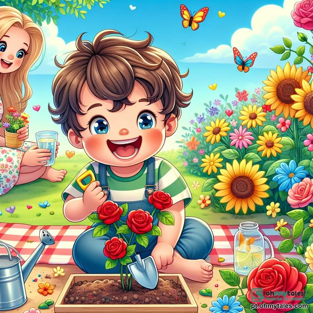 Um menino de 2 anos, Lucas, com cabelos castanhos bagunçados e olhos brilhantes de alegria, está sentado em um jardim ensolarado, cercado por flores coloridas que ele acabou de plantar. Ele sorri amplamente, segurando uma pequena pá de plástico, cheio de entusiasmo por sua nova atividade. Perto dele, sua mãe, uma mulher de cerca de trinta anos com cabelos longos e loiros, o observa com um sorriso carinhoso, sentada em uma toalha de piquenique, segurando um copo de limonada. O jardim está repleto de flores vibrantes, como rosas vermelhas, girassóis amarelos e margaridas brancas, sob um céu azul claro com algumas nuvens fofas. Borboletas coloridas voam ao redor das flores, acrescentando à magia do lugar. A cena principal mostra Lucas plantando sementes na terra, com uma expressão concentrada e alegre, enquanto sua mãe o encoraja, criando uma atmosfera calorosa e familiar, cheia de descobertas e risadas de verão.