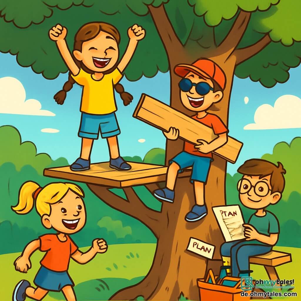 Ein 10-jähriges Mädchen, Mia, mit langen, geflochtenen braunen Haaren, lächelt und ist voller Energie, während sie auf dem höchsten Ast eines Baumes steht, die Arme zum Sieg erhoben. Sie trägt ein leuchtend gelbes T-Shirt und eine Jeansshorts, und ihre Augen strahlen vor Aufregung. Neben ihr lacht ihr Freund Jonas, ein 10-jähriger Junge mit einem roten Hut und Sonnenbrille, während er ein Holzbrett hält. Weiter unten rennt Lena, ein 10-jähriges Mädchen mit blonden Pferdeschwanz, mit einem großen Lächeln auf den Lippen auf den Baum zu, bereit, sich ihnen anzuschließen. Ben, ein 10-jähriger Junge mit Brille und Werkzeugkasten, sitzt auf einem Ast und zeichnet Pläne für ihr Projekt. Der Ort ist ein sonniger Garten, voller bunter Blumen, mit einem majestätischen Baum in der Mitte, dessen Äste weit ausladen. Die Szene ist erfüllt von Freude und Kameradschaft, während die Freunde ihr fantastisches Baumhaus aus alten Materialien bauen. Sonnenstrahlen filtern durch die Blätter und erzeugen tanzende Schatten auf dem Boden.