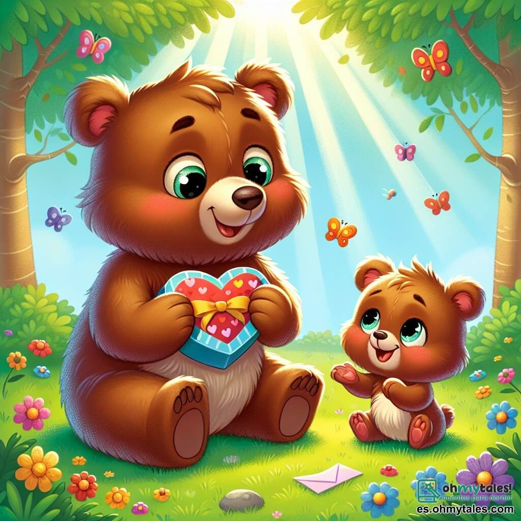 Un pequeño oso marrón llamado Toby, con un pelaje suave y ojos brillantes de alegría, sostiene una hermosa tarjeta de colores en forma de corazón, sonriendo. Está sentado en la hierba verde, rodeado de flores coloridas que bailan con el viento. Junto a él está su papá, un gran oso marrón llamado Bruno, con un pelaje más oscuro y ojos cariñosos, que mira a Toby con una sonrisa orgullosa y tierna, listo para recibir el regalo de su hijo. La escena tiene lugar en un claro soleado del bosque, donde los rayos del sol se filtran a través de las hojas de los árboles, creando sombras suaves en el suelo. Los pájaros cantan en las ramas y mariposas de colores vuelan alrededor, añadiendo un toque de magia al entorno. Toby, emocionado, presenta su regalo hecho a mano a su papá por el Día del Padre, con una expresión llena de amor y orgullo en su rostro.