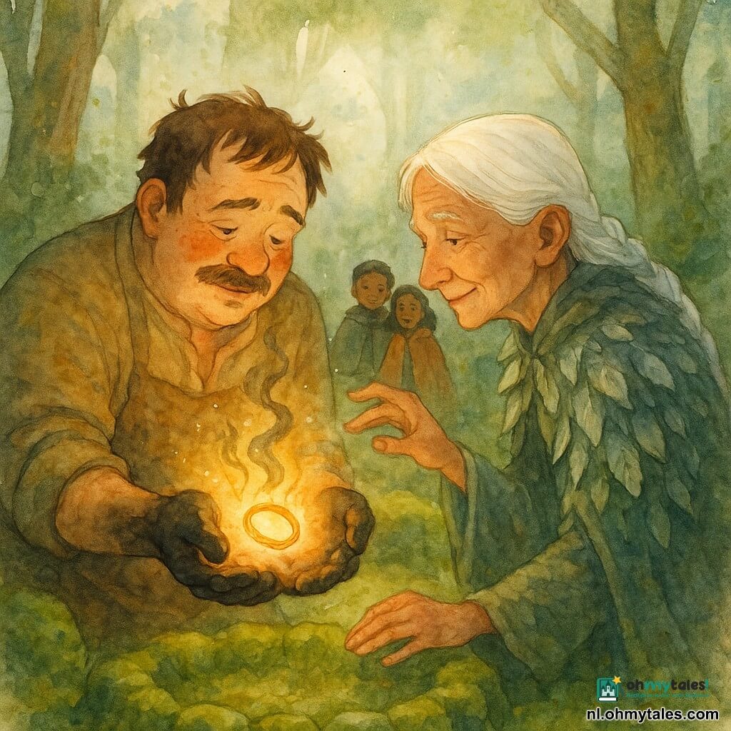 Een volwassen man (Einar) met rond gezicht, korte snor en warrig bruin haar, handen zwart van smidvet, houdt een warmgloeiende ring tussen zijn open palmen, licht vastberaden en teder, licht vochtige ogen en voorovergebogen houding. Links knielt een oudere vrouw (Ylva, ~60) met lang wit gevlochten haar, gerimpelde maar stralende huid en een mantel van zilverkleurige bladeren, rechterhand nabij de ring, kalme, begeleidende blik. Op de achtergrond kijken enkele dorpskinderen (jongetje ~8, meisje ~10) vanaf de rand van een stenen cirkel toe, verbaasde gezichten, dikke jassen als schaal. Locatie: open plek in het Verborgen Woud met mosbedekte grond, een kring van met mos begroeide stenen, knoestige hoge bomen, zilverachtige nevel en lichtstralen tussen de takken. Hoofdgebeuren: reiniging van de ring—gouden gloed straalt uit, donkere rookdraden lossen op in lichtende wervels; sfeer stil en heilig, warme kleuren rond de ring contrasteren met koele tinten van hout en nevel. Stijl: zachte aquarel met zichtbare textuur, gecontroleerde spatters voor halos en nevel, palet van mosgroen, warme bruintinten en gouden accenten.
