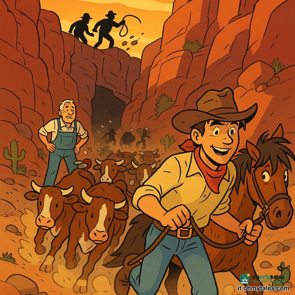 Josiah è un giovane uomo dalla pelle abbronzata con un cappello da cowboy consumato, sguardo determinato e sorriso nervoso, tiene le redini di un cavallo marrone guidando al galoppo un branco di mucche bianche e marroni attraverso una stretta gola rocciosa; Dusty è un cavallo robusto dalla criniera arruffata e fianchi impolverati che corre al suo fianco; Hank, un vecchio di circa 70 anni con capelli bianchi e salopette, sta all'ingresso del canyon con le mani sui fianchi, sollevato ma preoccupato; due ladri di mezza età con volti ombreggiati e cappelli neri sono sullo sfondo, uno brandisce un lazo abbandonato e l'altro corre facendo cadere sassi; il luogo è una gola stretta dalle pareti rosse striate, con polvere dorata, piccoli cactus, rocce angolari e un cielo arancione al tramonto, la scena è dinamica con polvere, tensione e una vittoria che emerge.