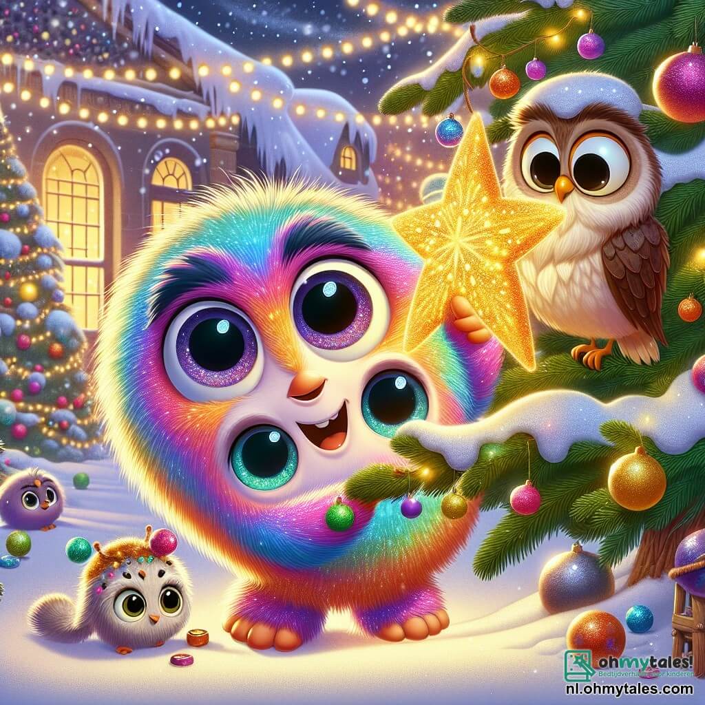 Kiki, een kleine magische wezentje in de vorm van een kleurrijke bal met stralende vacht in regenboogkleuren, straalt vreugde uit terwijl ze een grote fonkelende ster van sneeuw en kleurrijke versieringen decoreert. Haar grote sprankelende ogen en stralende glimlach tonen haar opwinding voor Kerstmis. Naast haar zit Olli, een oude wijze uil met bruin-witte veren en grote ronde ogen, die Kiki bewonderend observeert, zittend op een tak, klaar om te helpen. De scène speelt zich af in een charmant besneeuwd dorp, waar sneeuwvlokken zachtjes vallen, verlicht door fonkelende lichtjes aan de dennenbomen. De grote kerstboom in het midden van het plein is versierd met sprankelende lichten, wat een warme en feestelijke sfeer creëert. Kiki en Olli bereiden een kerstverrassing voor, omringd door hun dierenvrienden, terwijl de magie van het seizoen de lucht vult met vreugde en opwinding.