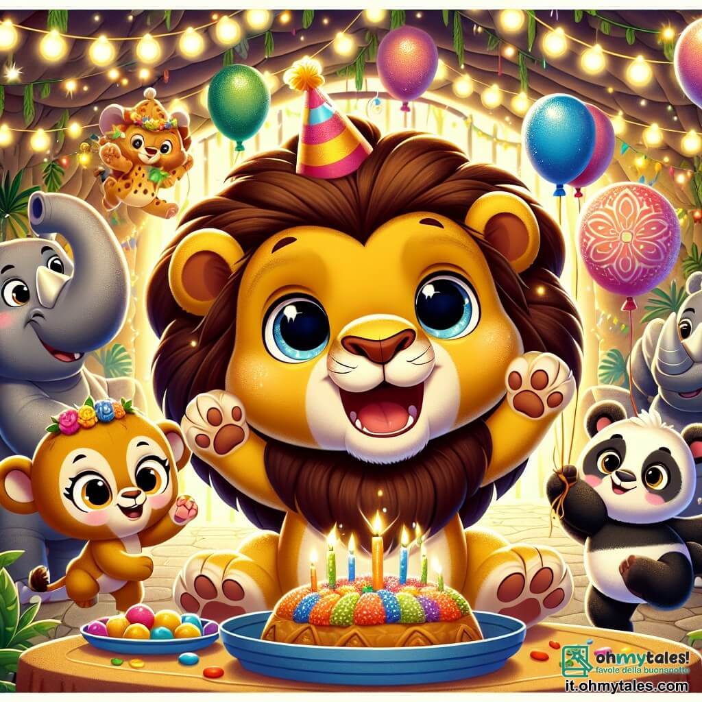 Al centro dell'immagine, Leo, un piccolo leone dagli occhi grandi e brillanti e dalla criniera dorata, sorride felice con le zampe sollevate, pronto a festeggiare il Capodanno. A destra, Giulia, una piccola scimmia dai peli marroni e dagli occhi maliziosi, salta di gioia con una ghirlanda di fiori in mano. A sinistra, Rocco, un rinoceronte robusto, sta gonfiando un enorme pallone colorato, mentre Pina, un panda, tiene un piatto di deliziosi dolcetti di bambù. Lo sfondo è una grotta accogliente decorata con ghirlande scintillanti e palloni colorati, creando un'atmosfera festosa. La scena mostra Leo e i suoi amici che preparano una grande festa per il Capodanno, ridendo e ballando insieme.