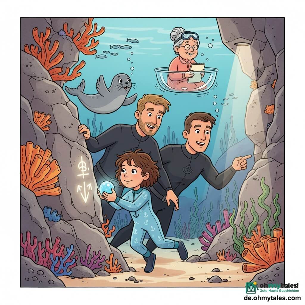 Ein 8-jähriges Mädchen mit kurzen lockigen braunen Haaren, staunend und konzentriert, trägt einen hellblauen Neoprenanzug mit Ankern und hält eine kleine blaue Lichtkugel vor eine Unterwasserfelswand; ein etwa 35-jähriger Vater mit kurzem braunem Haar und leichter Bartstoppel in dunklem Tauchanzug schwebt schützend hinter ihr, während Timo (ca. 30, athletisch, kurze Haare, schwarzer Anzug) auf einen Felsspalt zeigt, in dem ein Sonnenstrahl eine leuchtende „Fenster“-Säule bildet; Oma Frieda (ca. 70, graue Haare im Dutt, Taucherbrille auf der Stirn) sitzt lächelnd mit offenem Notizbuch in einem kleinen transparenten Glasboot über der Szene; ein junger neugieriger Seehund schwimmt nahebei und klatscht mit der Flosse; bunter Riffhintergrund mit Orangen- und Violettfächernkorallen, grünen Algen, silbernen Fischschwärmen, hellem Sand; das Mädchen drückt die Lichtkugel an eine Inschrift in der Wand, die das Sonnenlicht verstärkt und eingravierte Symbole enthüllt, Atmosphäre: ehrfürchtig, ruhig und respektvoll gegenüber dem Meeresleben.