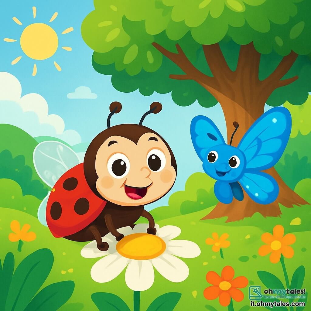 Una piccola coccinella di nome Lulù, con un brillante dorso rosso cosparso di sette puntini neri, mostra un grande sorriso felice, le sue ali traslucide brillano sotto il sole. È posata su una delicata margherita, i suoi occhi brillano di curiosità. Accanto a lei, una farfalla blu dalle ali scintillanti danza nell'aria, i suoi colori vivaci illuminano il paesaggio, mentre incoraggia Lulù con un'espressione amichevole. Sullo sfondo, un grande albero di noce, maestoso e antico, si erge, i suoi rami estesi creano un'ombra morbida sul terreno tappezzato di fiori colorati e foglie verdi. La scena si svolge nel Bosco dei Sogni Frizzanti, dove la luce del sole filtra tra le foglie, creando motivi di luce e ombra. Lulù, piena di determinazione, si prepara ad esplorare il suo nuovo rifugio, circondata dalla bellezza magica del suo ambiente.