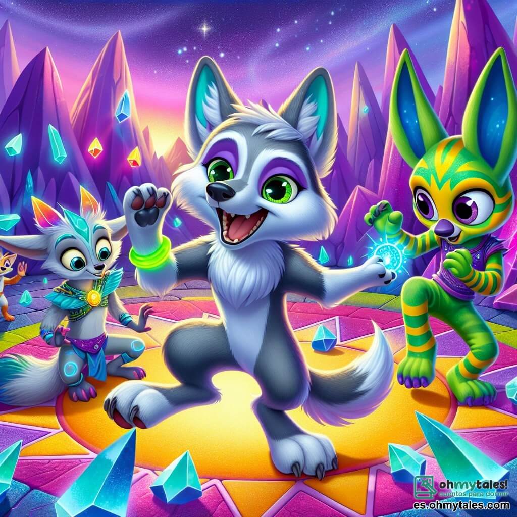 Un pequeño lobo de ojos brillantes y pelaje plateado, lleno de emoción, baila alegremente en el centro de una gran plaza colorida, rodeado de cristales brillantes que reflejan los colores del cielo púrpura. A su derecha, un Zorblakiano de largas orejas puntiagudas y piel azul claro, con una cálida sonrisa, aplaude al ritmo, sus brazos flexibles formando formas divertidas en el aire. A su izquierda, otro Zorblakiano, con rayas verdes y amarillas, observa con asombro, los ojos abiertos de curiosidad, mientras sostiene una estrella brillante en sus manos. La escena transcurre en el planeta Zorblak, donde el cielo es de un púrpura brillante y las montañas circundantes centellean con colores vivos, creando una atmósfera mágica y acogedora. El pequeño lobo, como embajador de Lunalup, comparte su danza y sus historias con los Zorblakianos, uniendo sus culturas en una celebración alegre de la amistad intergaláctica.