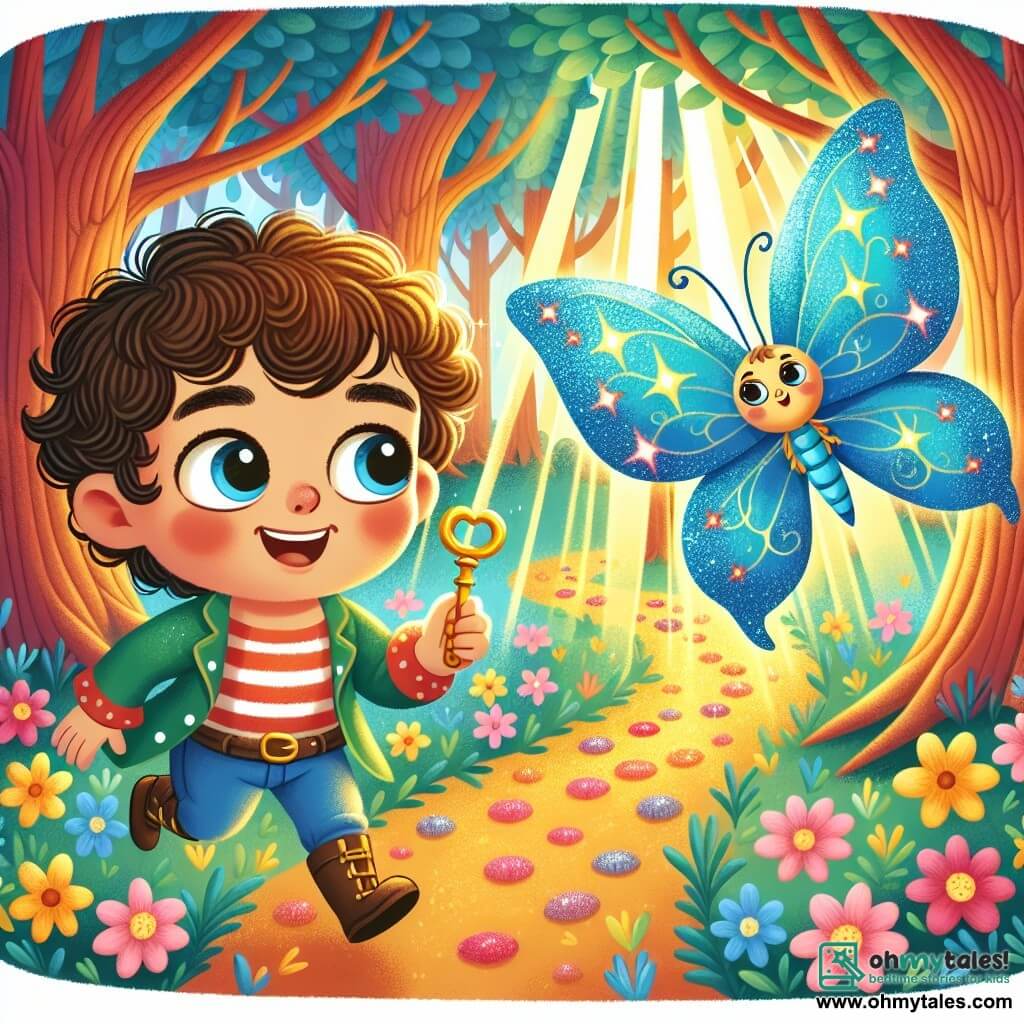 A 2-year-old boy named Max, with big curious eyes and curly hair, holds a golden key in his hand, his face beaming with wonder and joy. Next to him, a beautiful blue butterfly with shimmering wings flutters around him, seemingly inviting him on an adventure. The setting is an enchanted forest, with gigantic trees and vibrant green leaves, while colorful flowers dot the ground, creating a vivid tapestry. Sun rays filter through the branches, illuminating the scene with a soft and warm light. The main situation shows Max, amazed, ready to follow the butterfly into this magical forest, where three mysterious paths appear before him, each glowing in a different color: pink, green, and gold.