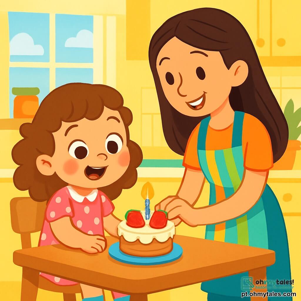 Uma menina de 4 anos, com grandes olhos brilhantes e cabelos cacheados castanhos, está sentada a uma mesa de madeira, com um largo sorriso no rosto. Ela usa um vestido rosa com bolinhas brancas e meias coloridas. Ela observa com admiração um pequeno bolo decorado com morangos e uma vela acesa, suas bochechas rosadas de excitação. Ao lado dela, sua mãe, uma mulher de cerca de 30 anos, com cabelos longos e lisos, vestindo um avental colorido, sorri ternamente segurando a mão da filha. Ela está de pé, levemente inclinada para frente, compartilhando esse momento alegre. A cena acontece em uma cozinha iluminada, com paredes pintadas de amarelo pastel, janelas que deixam entrar a luz do sol e prateleiras cheias de potes de geleia e livros de receitas. A situação principal mostra a menina pronta para soprar a vela do seu bolo de aniversário, cercada por uma atmosfera de felicidade e surpresa, com risadas e cores vivas no ar.