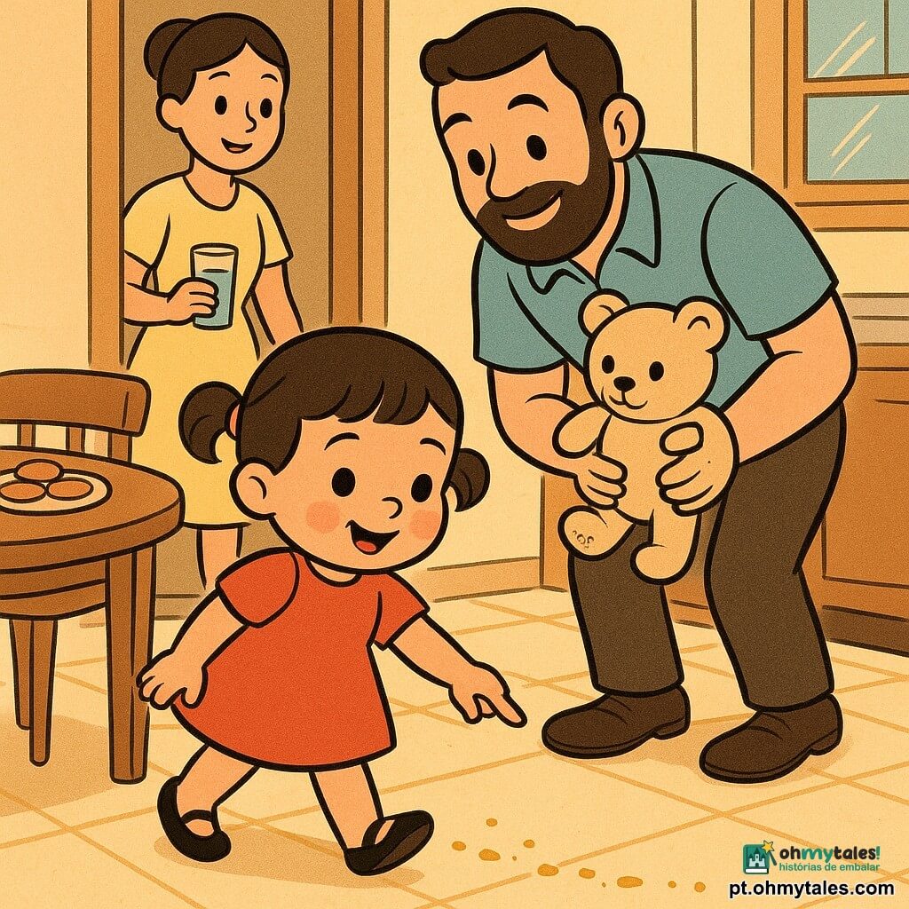 Menina de 2 anos, cabelo castanho curto em rabolhos, rosto redondo e bochechas rosadas, olhando curiosa e sorrindo, aponta migalhas no chão enquanto anda na ponta dos pés; pai ~35 anos, barba curta, camisa azul, segura um ursinho de peluche bege com uma pata cheia de migalhas, está atrás dela inclinado de forma amável; mãe ~33 anos, cabelo preso, vestido amarelo claro, entra pela porta da cozinha com um copo de água à esquerda do pai, sorrindo; cozinha quente e simples com mesa redonda de madeira, cadeira baixa, piso de azulejos brancos e amarelos, prato de biscoitos na mesa e trilha de migalhas da mesa até a cadeira; cena principal: a menina investiga alegremente seguindo uma linha de migalhas brilhantes com o ursinho ao lado, luz suave, cores quentes, composição centrada em estilo cartoon retrô nítido com contornos pretos grossos e formas arredondadas.