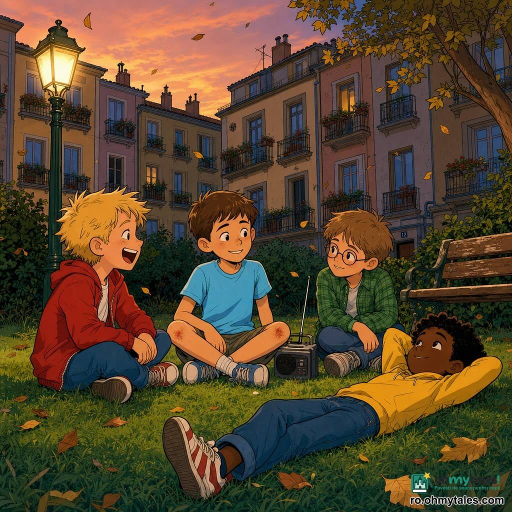 Sunt patru băieți: Vlad (~9 ani) cu păr brun scurt, tricou albastru deschis, genunchi zgâriați, stând în centru pe iarbă ținând un radio mic; Andrei (~9 ani) păr blond ciufulit, geacă roșie, râzând, stând la stânga; Rareș (~8 ani) păr șaten deschis, ochelari rotunzi, cămașă verde în carouri, zâmbind timid, la dreapta; Luca (~9 ani) păr negru creț, hanorac galben, întins cu mâinile după cap privind cerul. Loc: curtea unui bloc la apus, gazon, fațade pastelate și balcoane în fundal, lumină caldă; situație: băieții într-un cerc pe iarbă, schimbând glume și vise, atmosferă caldă și liniștită, expresii complice.
