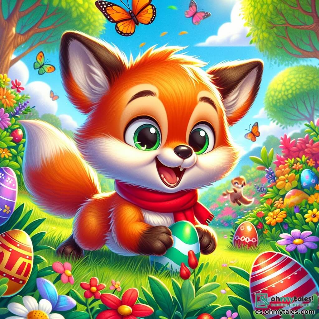 Un pequeño zorro llamado Rolo, con un pelaje naranja brillante y ojos chispeantes de alegría, está saltando en un jardín verde, buscando coloridos huevos de Pascua. Lleva una pequeña bufanda roja alrededor del cuello y muestra una gran sonrisa, llena de emoción. Su mamá, una zorra dulce con pelaje crema y ojos bondadosos, está cerca, sonriendo orgullosamente mientras mira a su hijo. Ella está sentada en la hierba, rodeada de flores coloridas, y aplaude a Rolo con entusiasmo. El jardín está lleno de flores brillantes, mariposas revoloteando y árboles con hojas verdes exuberantes. Huevos de Pascua de colores vivos, rojo, azul, verde y amarillo, están escondidos entre los arbustos y debajo de las flores. La escena principal muestra a Rolo, el zorro, en plena búsqueda de huevos, con un huevo rojo brillante en sus pequeñas patas, mientras su mamá lo anima con alegría, creando una atmósfera festiva y mágica de Pascua.