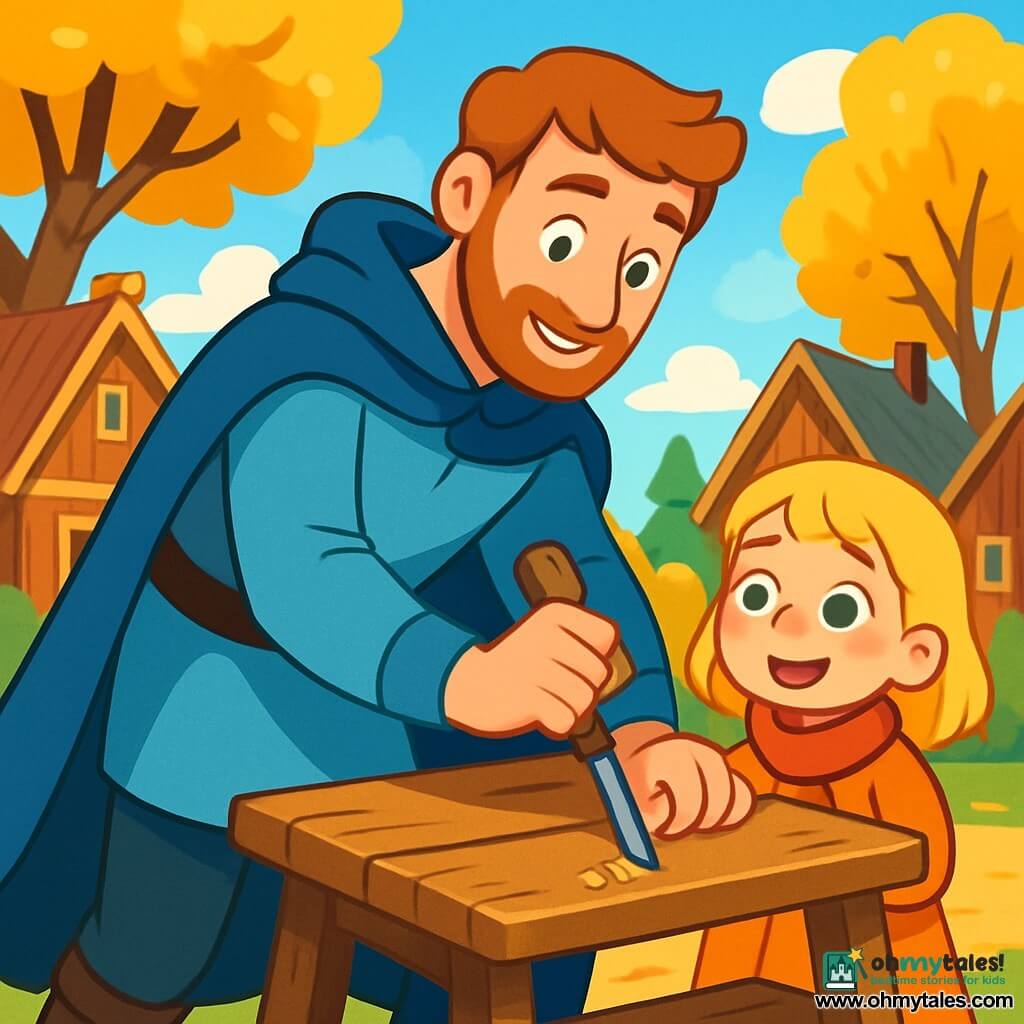A man named Einar, in his thirties, wears a long blue cloak that flows like a calm sea. His face is gentle, with bright eyes and a warm smile, as he holds a woodworking tool, focused and determined to repair a bench. Beside him, a six-year-old girl with blonde hair, wearing a red scarf, watches in wonder, her eyes wide as marbles. The setting is a picturesque Nordic village, with wooden houses and sloped roofs, surrounded by tall trees with golden leaves under a bright blue sky. The old, worn wooden bench is at the center of the scene, with sunlight filtering through the branches. The main situation shows Einar fixing the bench while the little girl encourages him with a joyful smile, creating an atmosphere of camaraderie and magic.