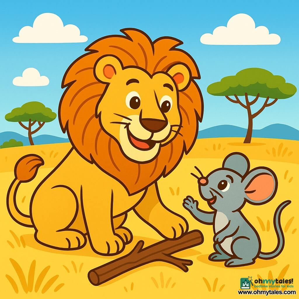 A majestic lion with a flamboyant golden mane stands proudly at the center of the scene, displaying a warm and kind smile. His bright eyes express kindness and determination. Beside him, a small gray mouse with sparkling eyes looks up at the lion with admiration, raising a paw to thank him. The setting is a sunny savanna, with golden grasses gently swaying in the breeze, vibrant green acacias, and a bright blue sky dotted with fluffy white clouds. The main situation shows the lion helping the little mouse, who was trapped under a fallen branch, illustrating a moment of compassion and friendship between two very different animals.