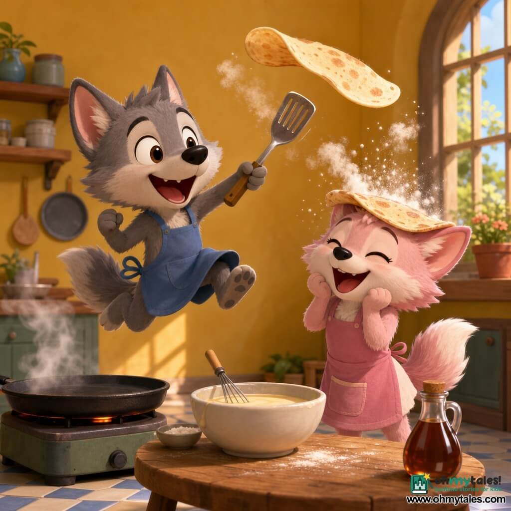 The main character is Wally, a cheerful mischievous little grey wolf with soft fur, big round ears and bright eyes, wearing a small blue apron, jumping and flipping a pancake with a spatula; secondary character Lila, his pale pink little sister, stands by the round wooden table smiling and surprised with a pancake on her head like a hat; a small black frying pan smokes on the low stove and white flour clouds dust the children; the warm colorful kitchen has yellow walls, simple patterned floor tiles, a bowl of batter and a bottle of glossy brown syrup on the table, soft light from a window; the scene shows a funny dynamic moment as the pancake flies through the air and lands on Lila’s head with flour dust and laughter on their faces.