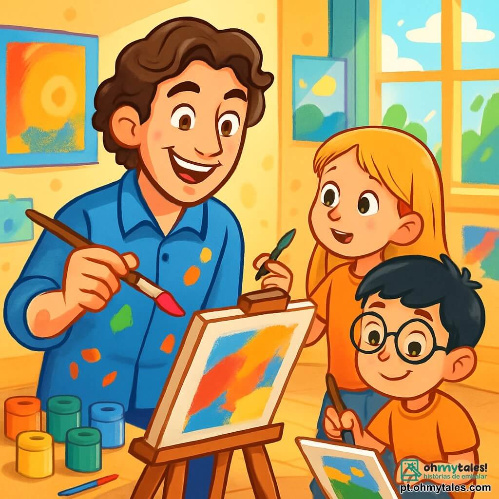 Um homem, Leonardo, está no centro da imagem, com um grande sorriso caloroso e olhos brilhantes de paixão. Ele tem cabelos castanhos levemente encaracolados e usa uma camisa azul com manchas de tinta colorida. Ele está pintando uma tela em um cavalete, cercado por cores vivas e pincéis espalhados ao seu redor. Ao lado dele, uma menina de cerca de 8 anos, com cabelos longos e loiros, observa atentamente, com os olhos arregalados de admiração. Ela segura um pequeno pincel na mão, pronta para tentar pintar sozinha. Um menino de 7 anos, com cabelos negros e óculos redondos, está sentado no chão, concentrado em sua própria tela, com um sorriso orgulhoso no rosto. O local é um estúdio de arte iluminado, com paredes cobertas de pinturas coloridas e janelas que deixam entrar a luz do sol. Potes de tinta de todas as cores estão dispostos em uma mesa de madeira, e telas inacabadas estão penduradas nas paredes. A situação principal mostra Leonardo compartilhando sua paixão pela arte com as crianças, encorajando-as a expressar sua criatividade pintando juntas em uma atmosfera alegre e inspiradora.