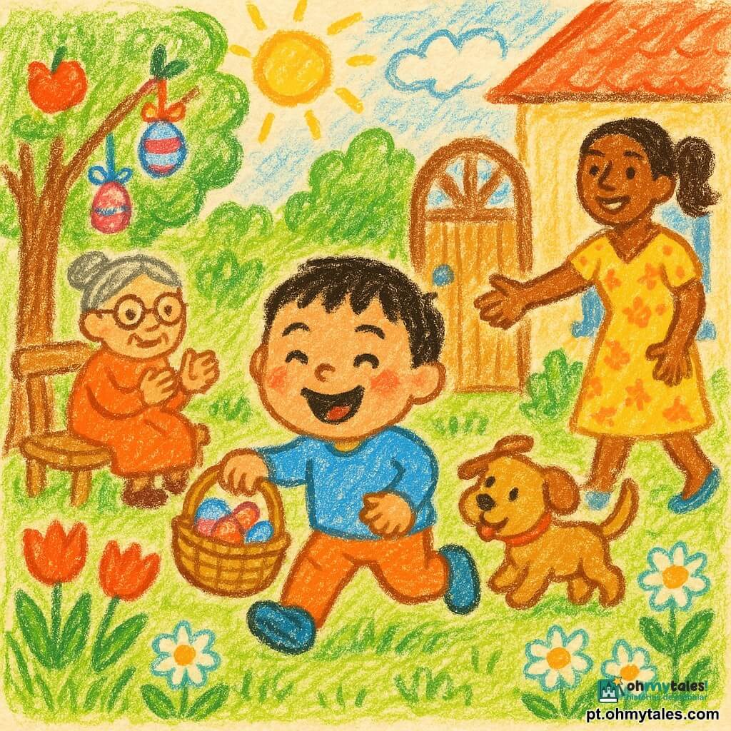 Um menino de 2 anos, rosto redondo, cabelo preto curto, olhos sorridentes, grande sorriso e bochechas rosadas, segura uma pequena cesta de vime com ovos pintados e corre suavemente sobre a relva; uma mulher de ~30 anos, cabelo castanho preso em rabo, vestido amarelo com flores, sorri e estende a mão perto da porta do jardim; uma avó de ~65 anos, cabelo grisalho preso em coque, óculos redondos, aplaude sentada num banco de madeira sob um macieira à esquerda; um pequeno cão castanho claro de orelhas caídas abana o rabo e segue o menino à direita da cesta. Jardim ensolarado com grama verde, flores multicoloridas (tulipas vermelhas, margaridas brancas), um macieira com alguns ovos pendurados em fitas e uma casa com venezianas azuis ao fundo. Cena central: caça aos ovos alegre, cores vivas, traços simples, texturas suaves e atmosfera luminosa e calorosa, composição centrada no menino e na cesta.