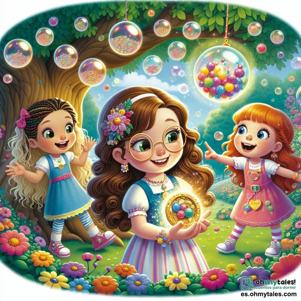 En el centro de la imagen, Ana, una niña de 8 años con largos cabellos castaños y gafas redondas, sonríe sosteniendo un artefacto brillante entre sus manos. A su izquierda, Lila, una niña de 7 años con trenzas rubias y un vestido colorido, ríe al ver burbujas multicolores flotando a su alrededor. A la derecha, Zoe, una niña de 8 años con cabello pelirrojo y pecas, señala una burbuja que parece tener una pequeña puerta. El escenario es un jardín encantado, lleno de flores brillantes y un gran árbol con manzanas mágicas que brillan como estrellas. El suelo está cubierto de hierba verde y suave, salpicada de pétalos de colores. En el fondo, burbujas de todos los colores flotan en el aire, creando una atmósfera alegre y mágica. La escena principal muestra a las tres amigas descubriendo el poder mágico del artefacto, rodeadas de burbujas que estallan con risas, mientras se preparan para una siesta bajo el árbol, sumergidas en un mundo de alegría y aventura.